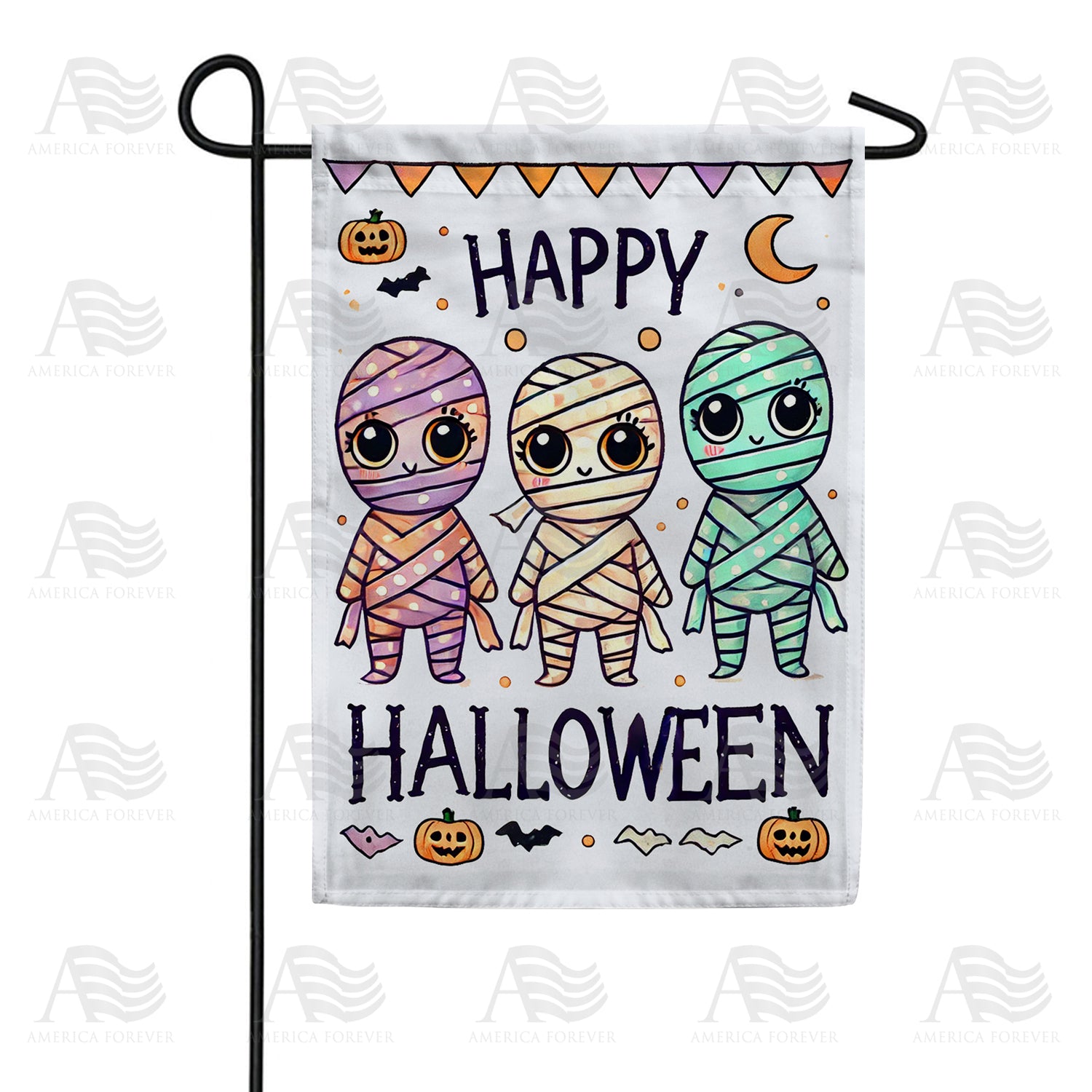 Cute Mummies Happy Halloween Double Sided Garden Flag