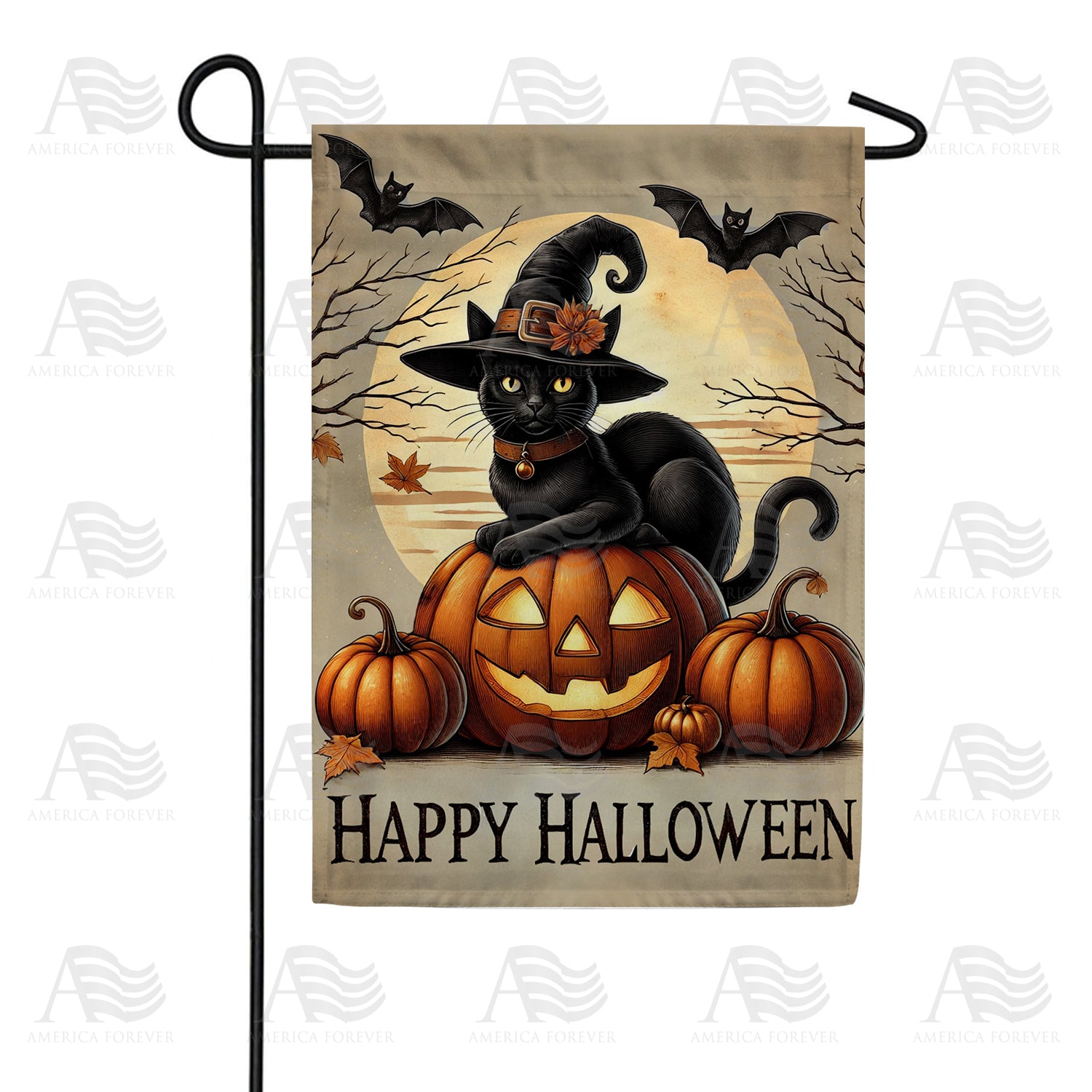 Happy Halloween Witch Cat Double Sided Garden Flag