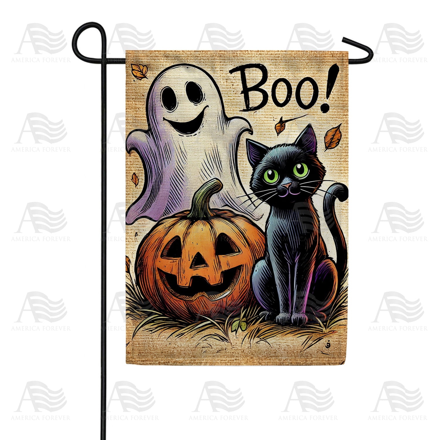 Boo Black Cat and Ghost Halloween Double Sided Garden Flag