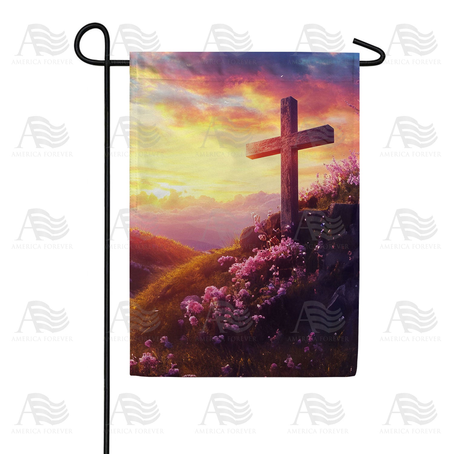 Sunset Cross with Wildflowers Double Sided Garden Flag