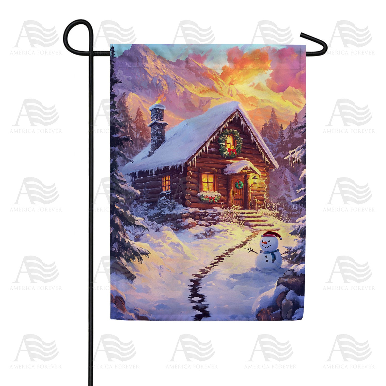 Winter Cabin with Snowman Double Sided Garden Flag