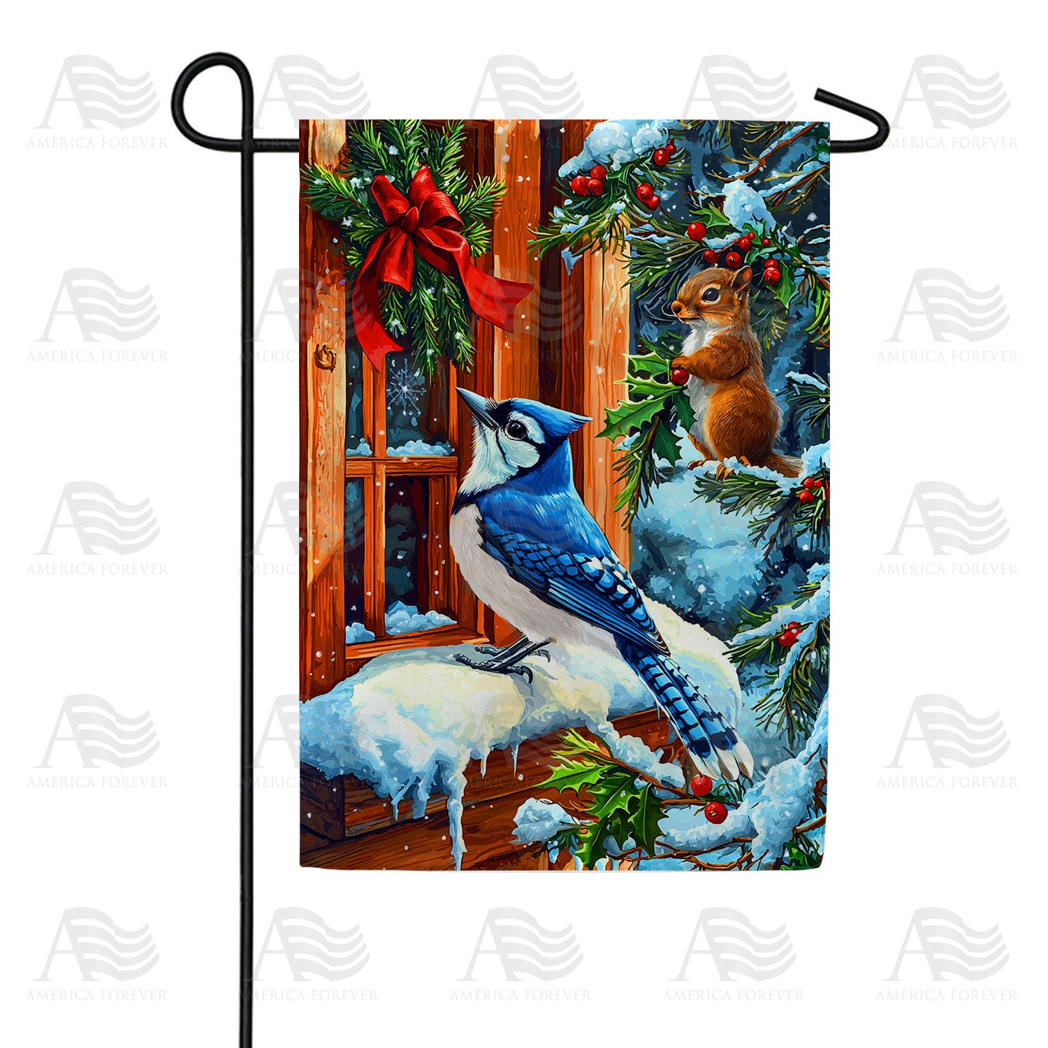 Winter Blue Jay and Squirrel Double Sided Garden Flag