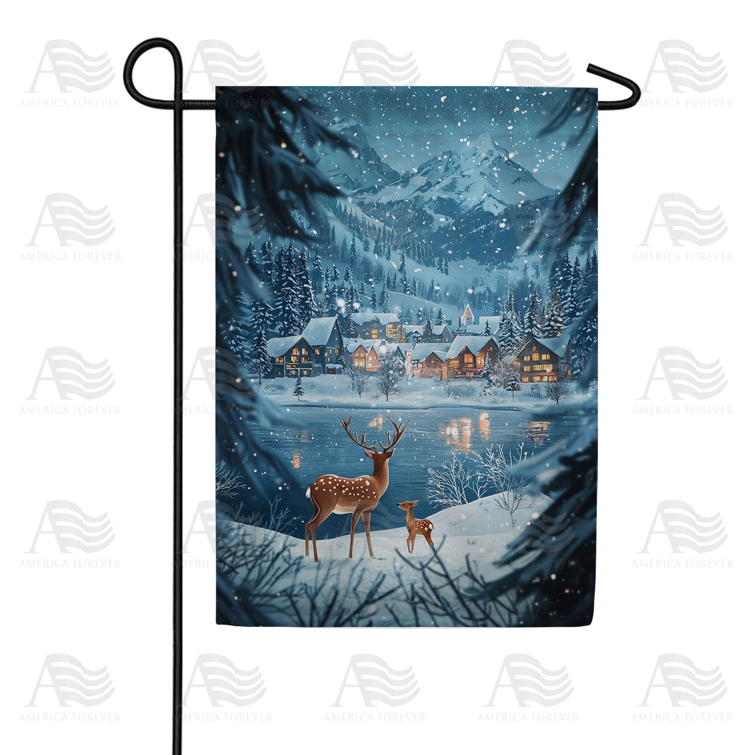 Winter Mountain Village Double Sided Garden Flag