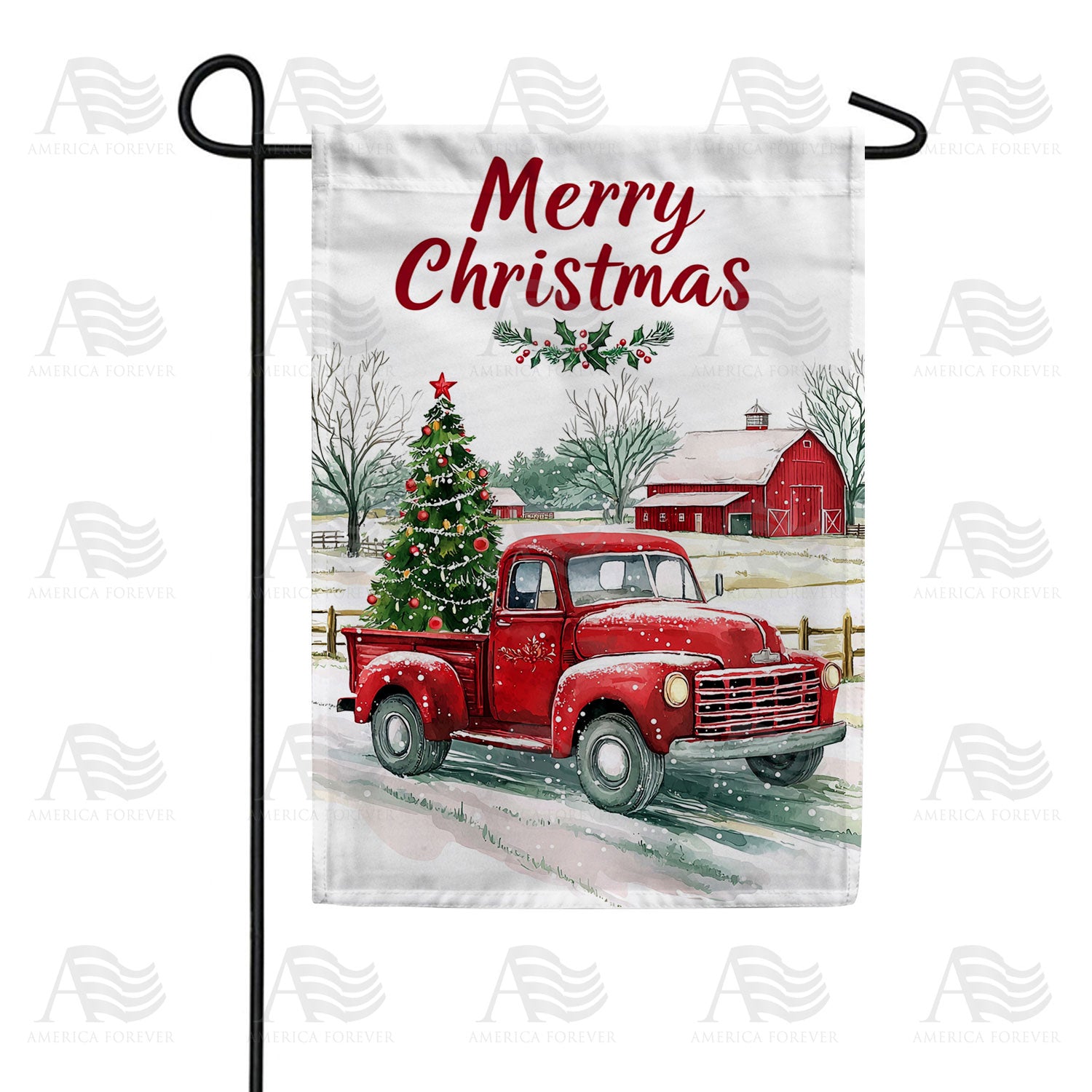 Merry Christmas Red Truck with Tree Winter Farm Scene Double Sided Garden Flag