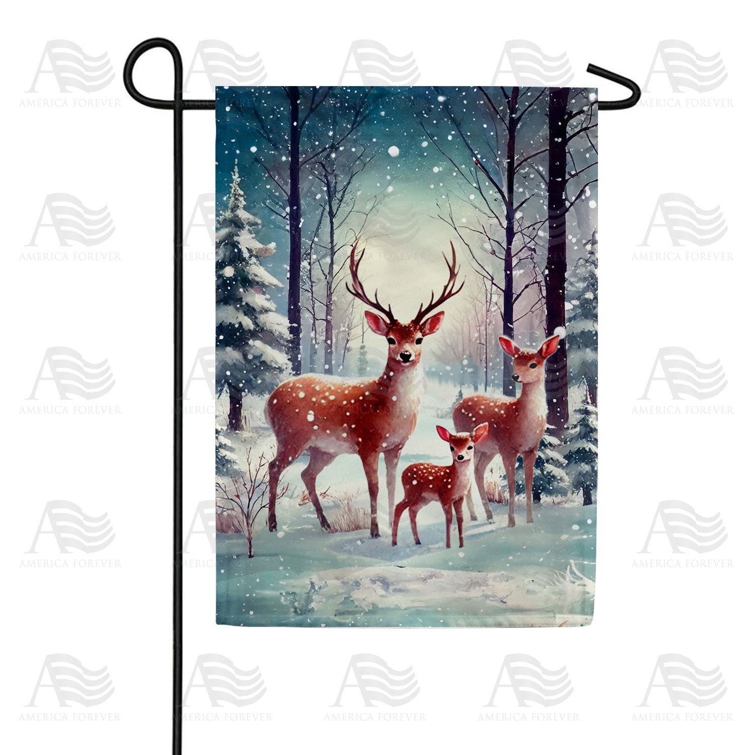 Deer Family Winter Forest Scene Double Sided Garden Flag