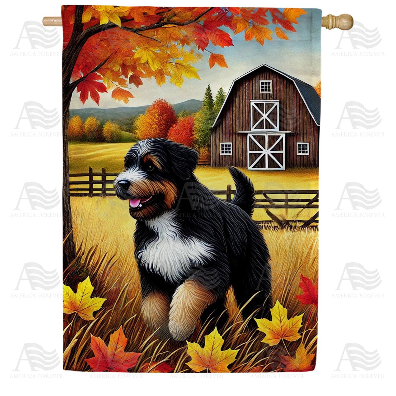 Autumn Dog and Barn Double Sided House Flag