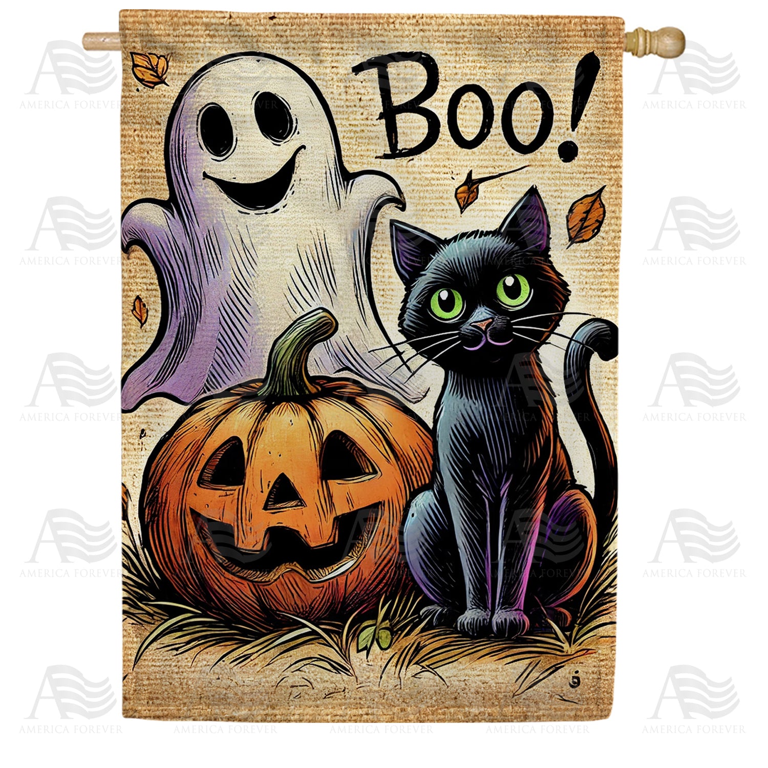 Boo Black Cat and Ghost Halloween Double Sided House Flag