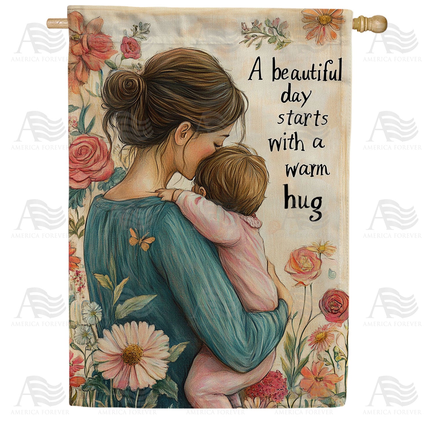 Mother and Child Beautiful Day Butterfly Double Sided House Flag