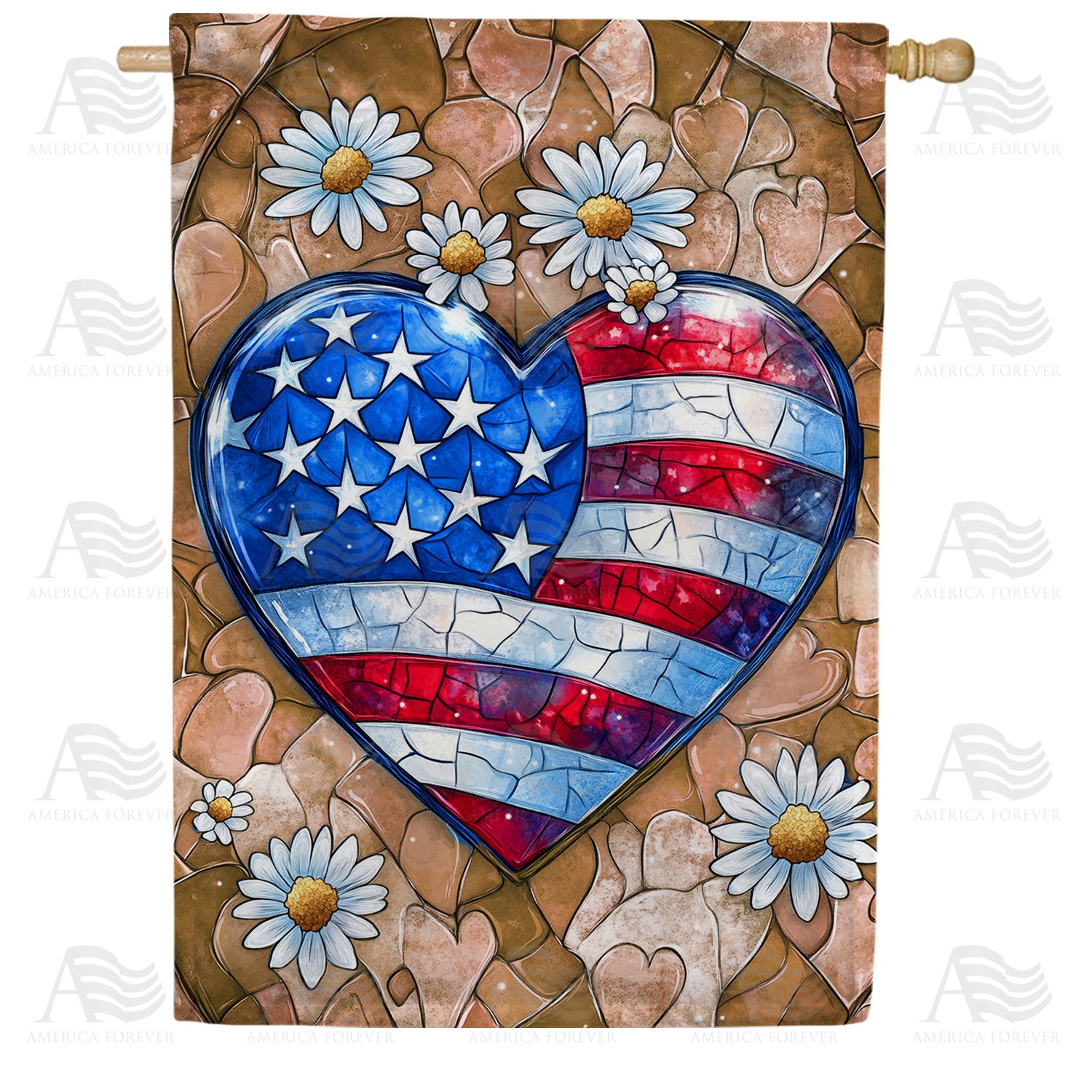 Patriotic Heart Daisies Double Sided House Flag