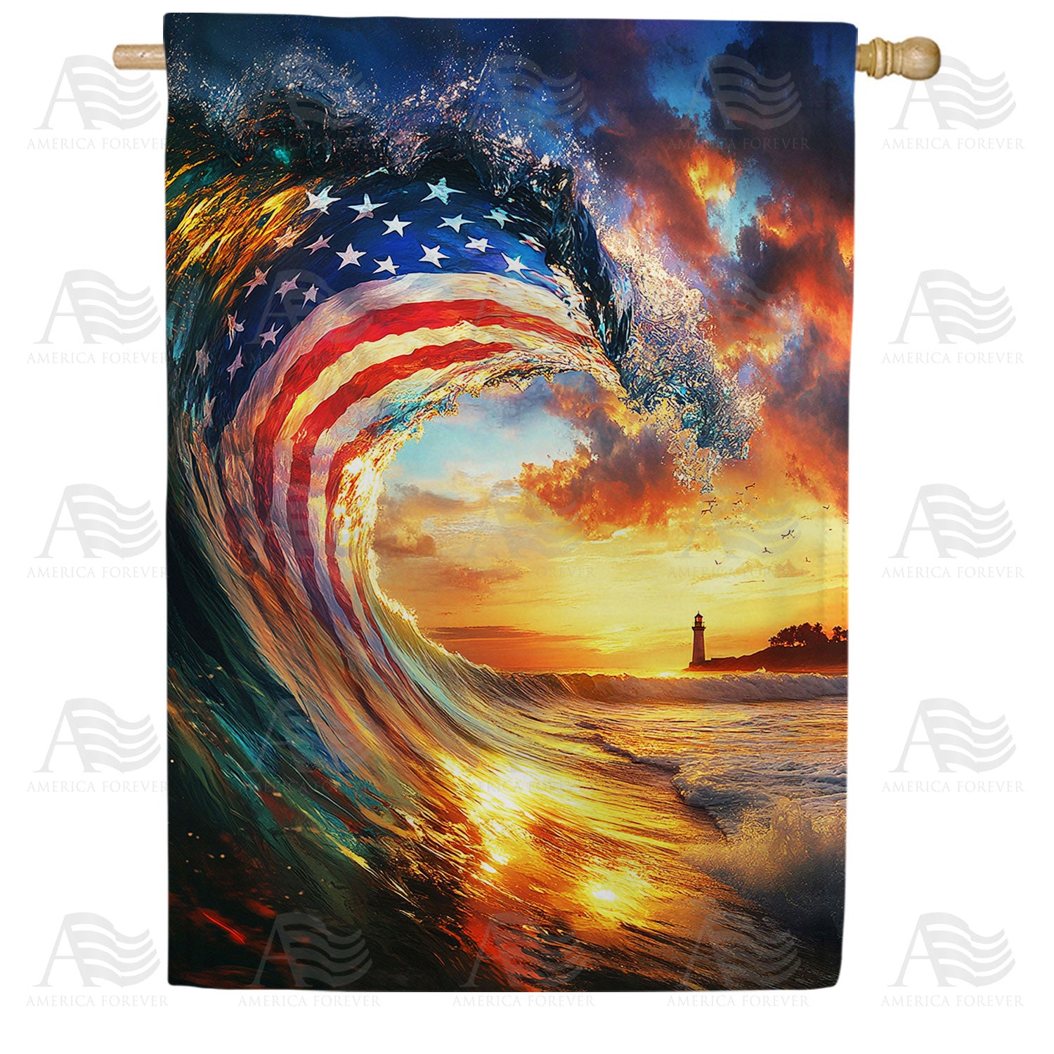 Patriotic Wave Lighthouse Double Sided House Flag