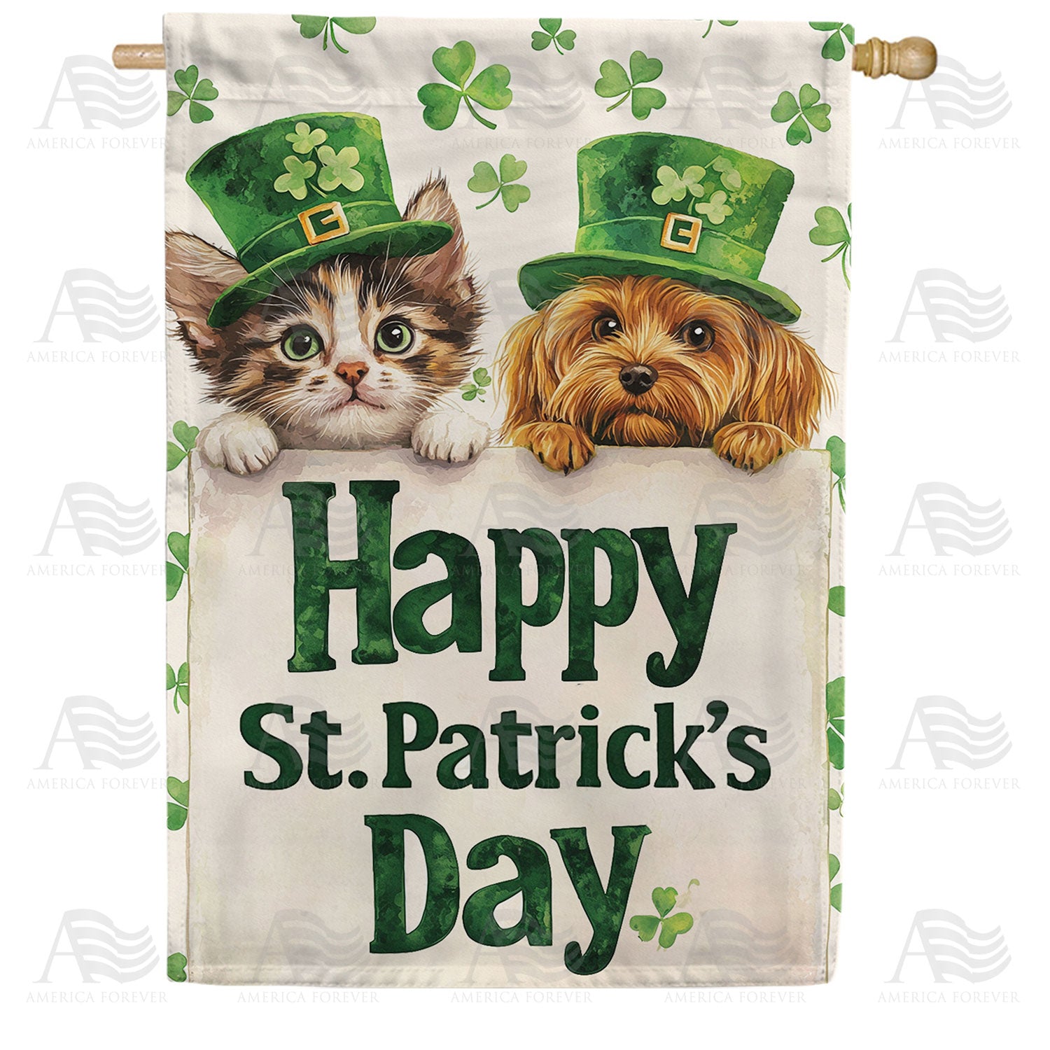 Happy St. Patrick's Day Cat and Dog Double Sided House Flag