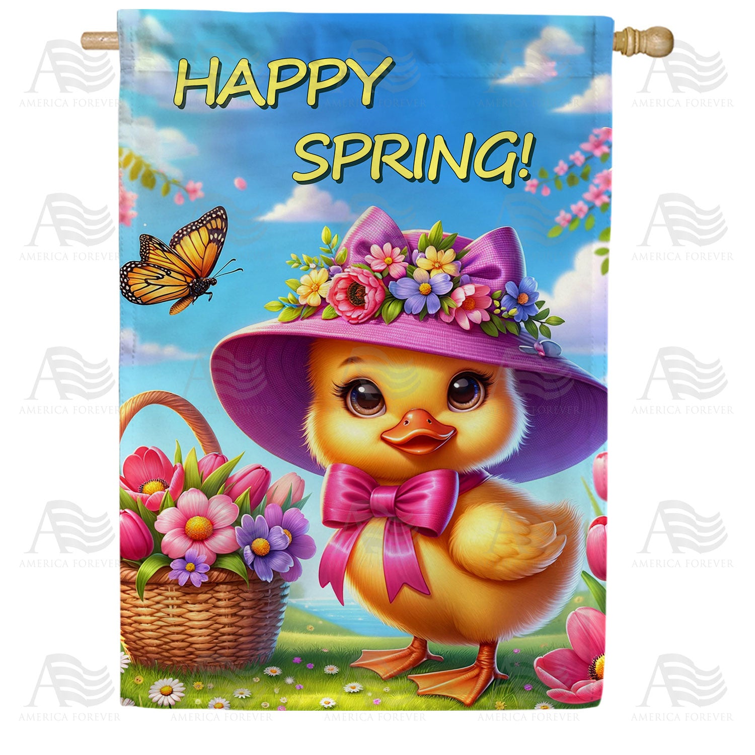 Happy Spring Duck with Flowers Double Sided House Flag