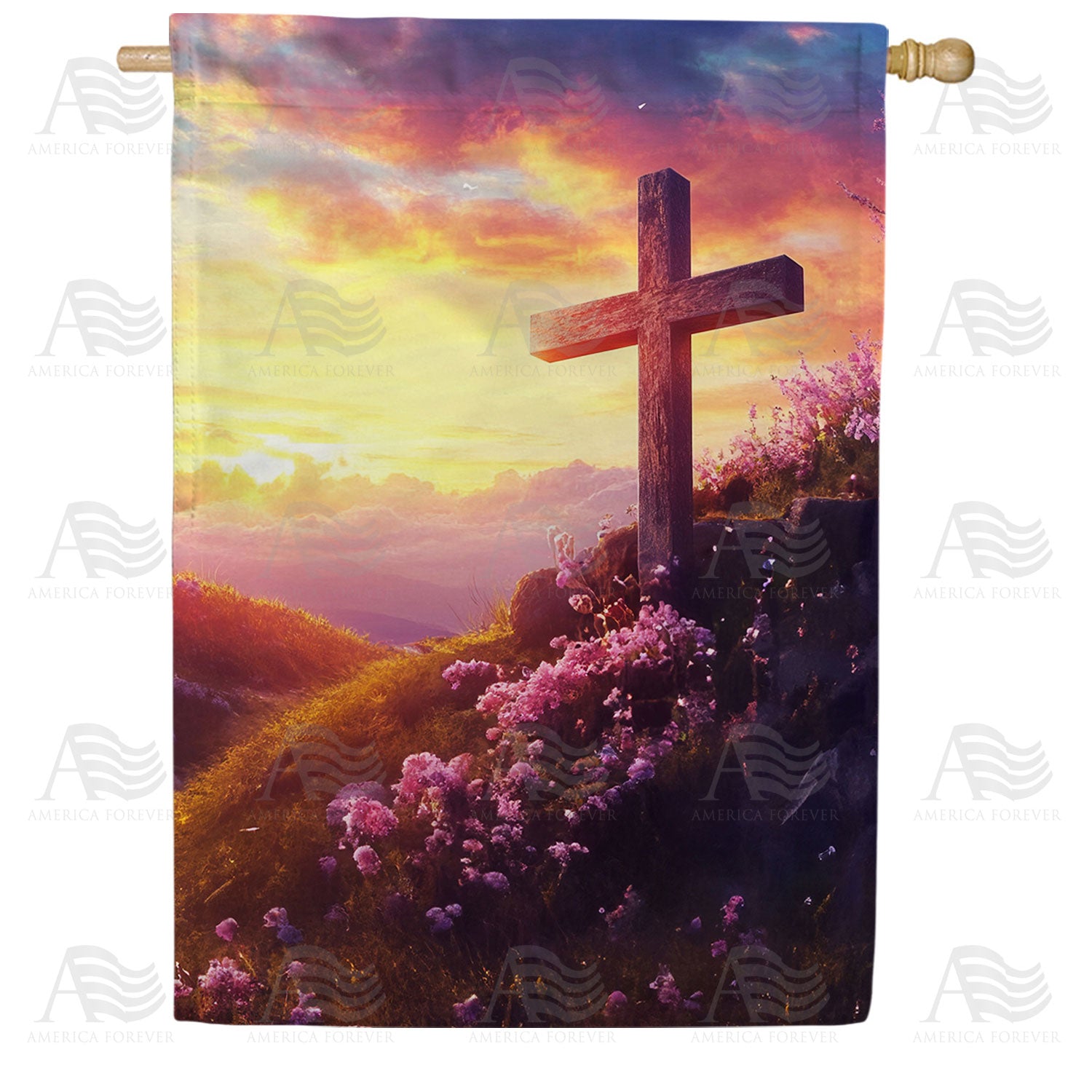 Sunset Cross with Wildflowers Double Sided House Flag