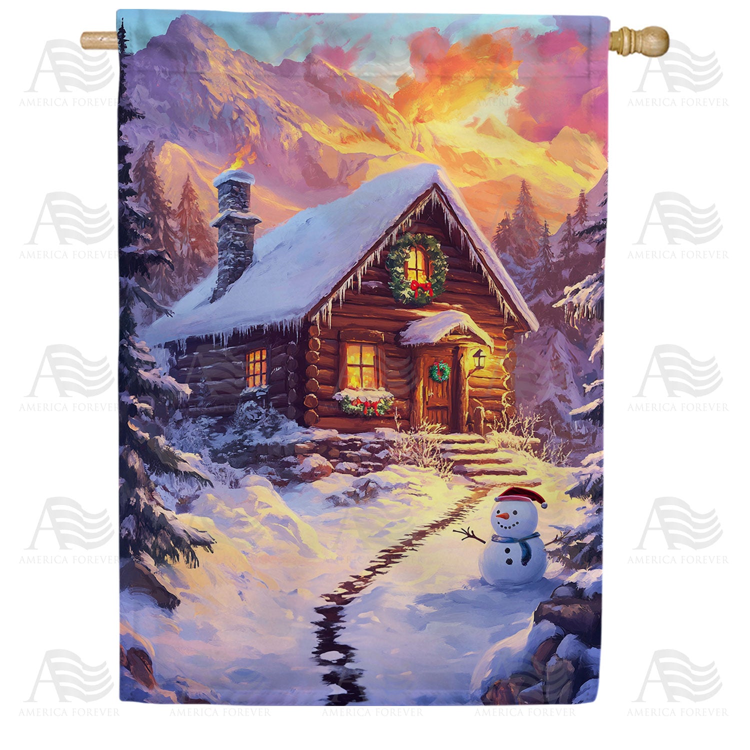 Winter Cabin with Snowman Double Sided House Flag