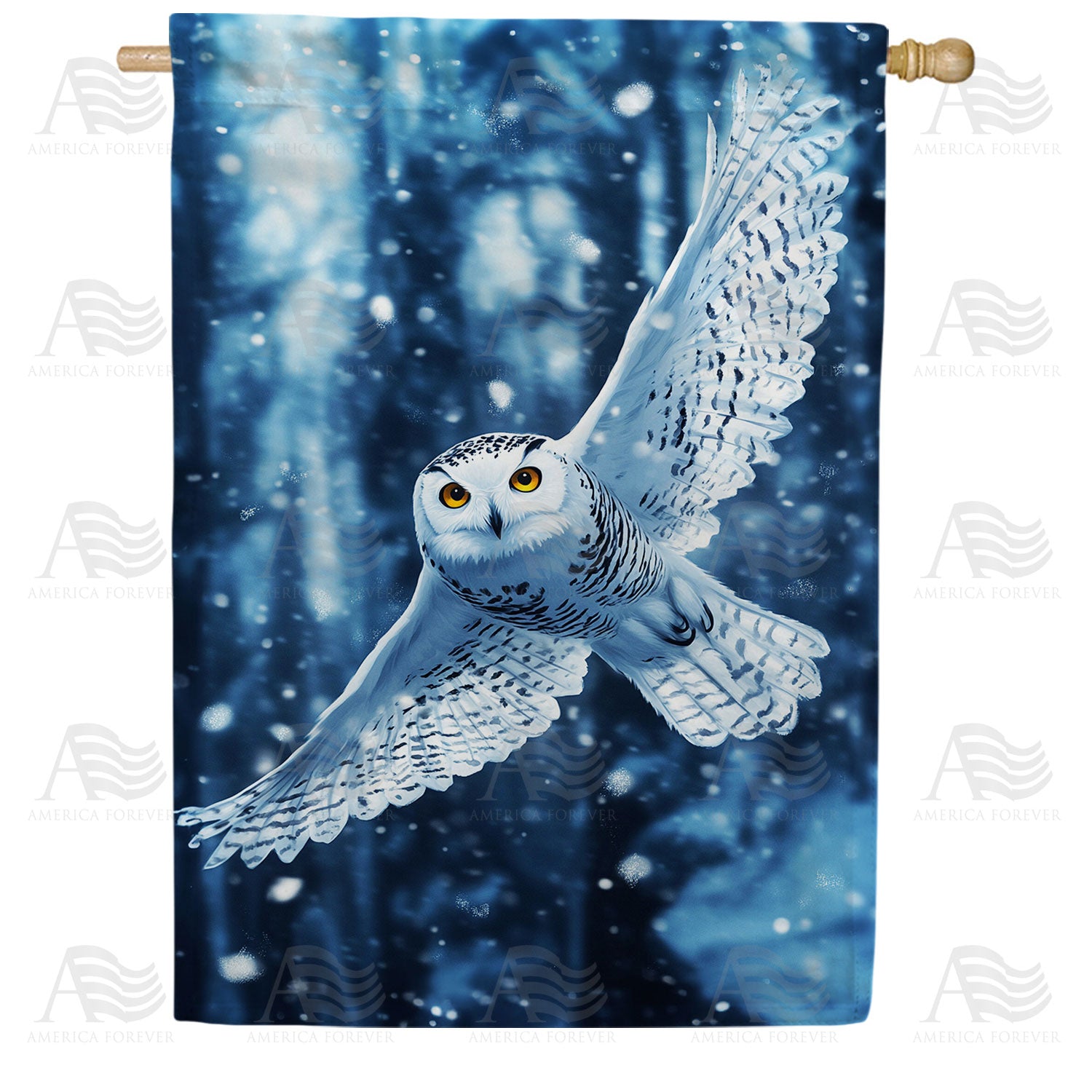 Winter Snowy Owl in Flight Double Sided House Flag