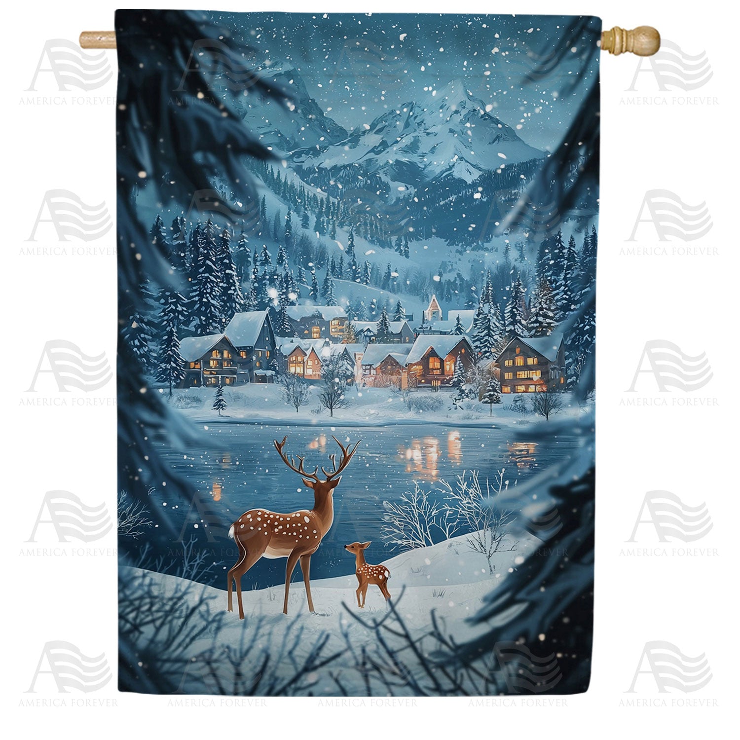 Winter Mountain Village Double Sided House Flag