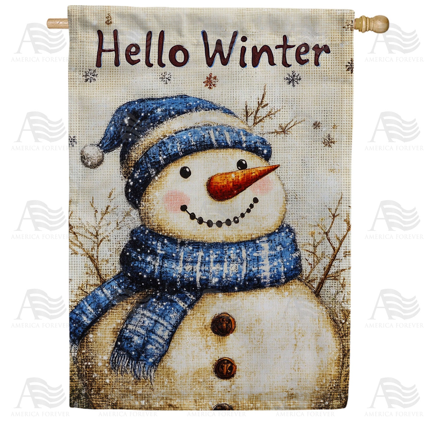 Rustic Hello Winter Snowman Double Sided House Flag