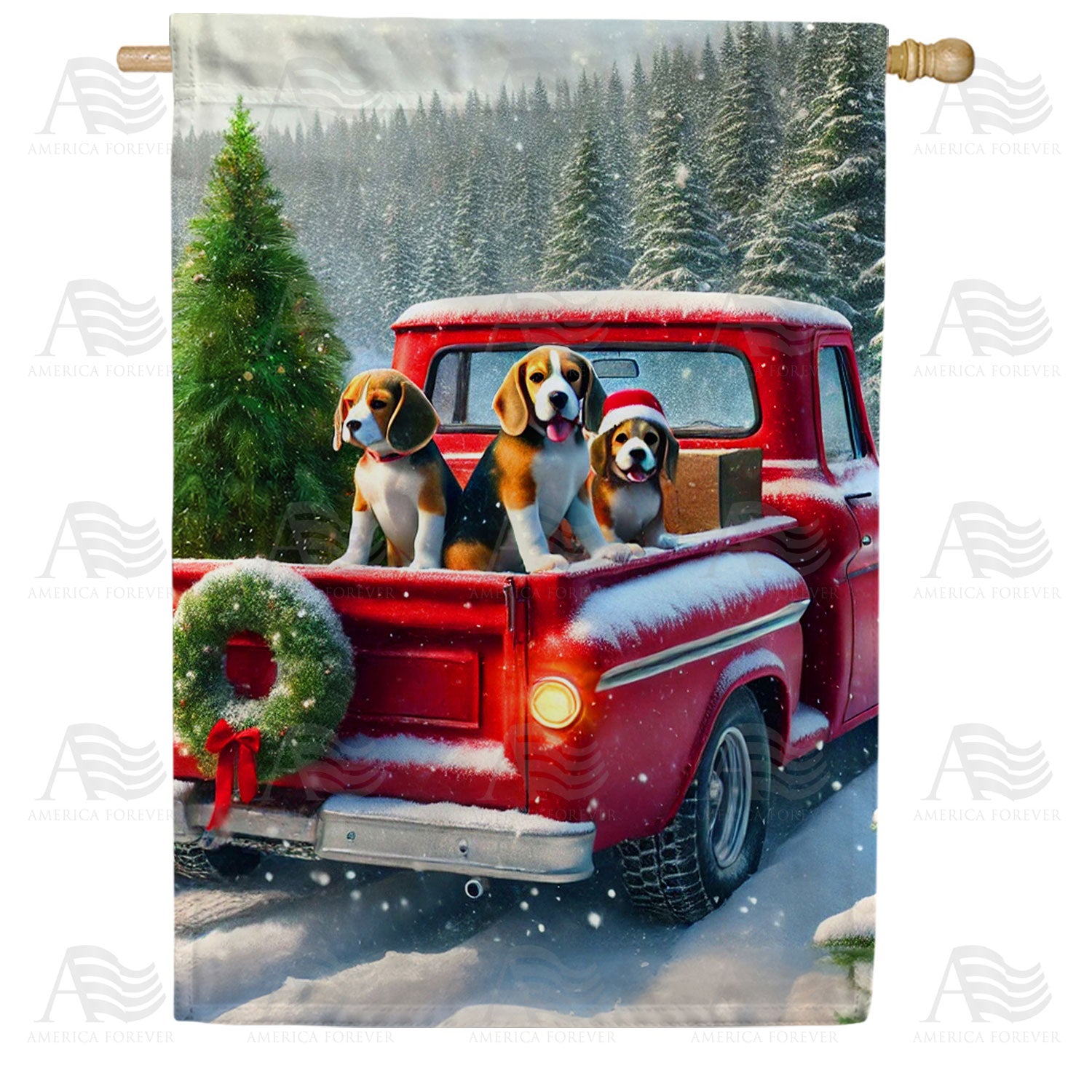 Christmas Beagles in Truck Double Sided House Flag