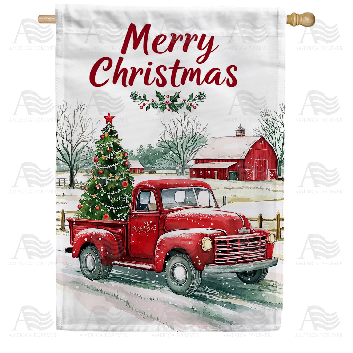 Merry Christmas Red Truck with Tree Winter Farm Scene Double Sided House Flag