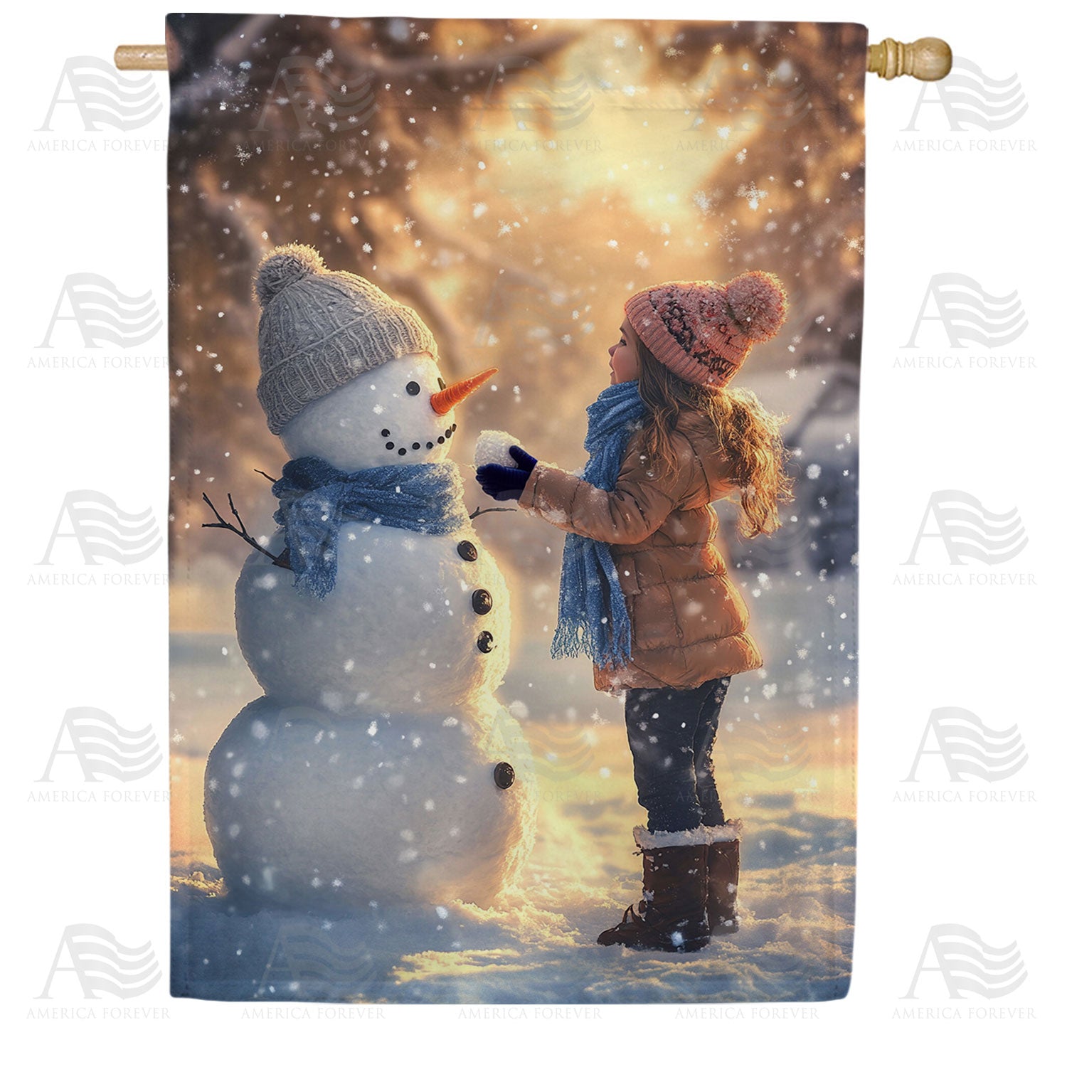 Child Building Snowman Winter Scene Double Sided House Flag