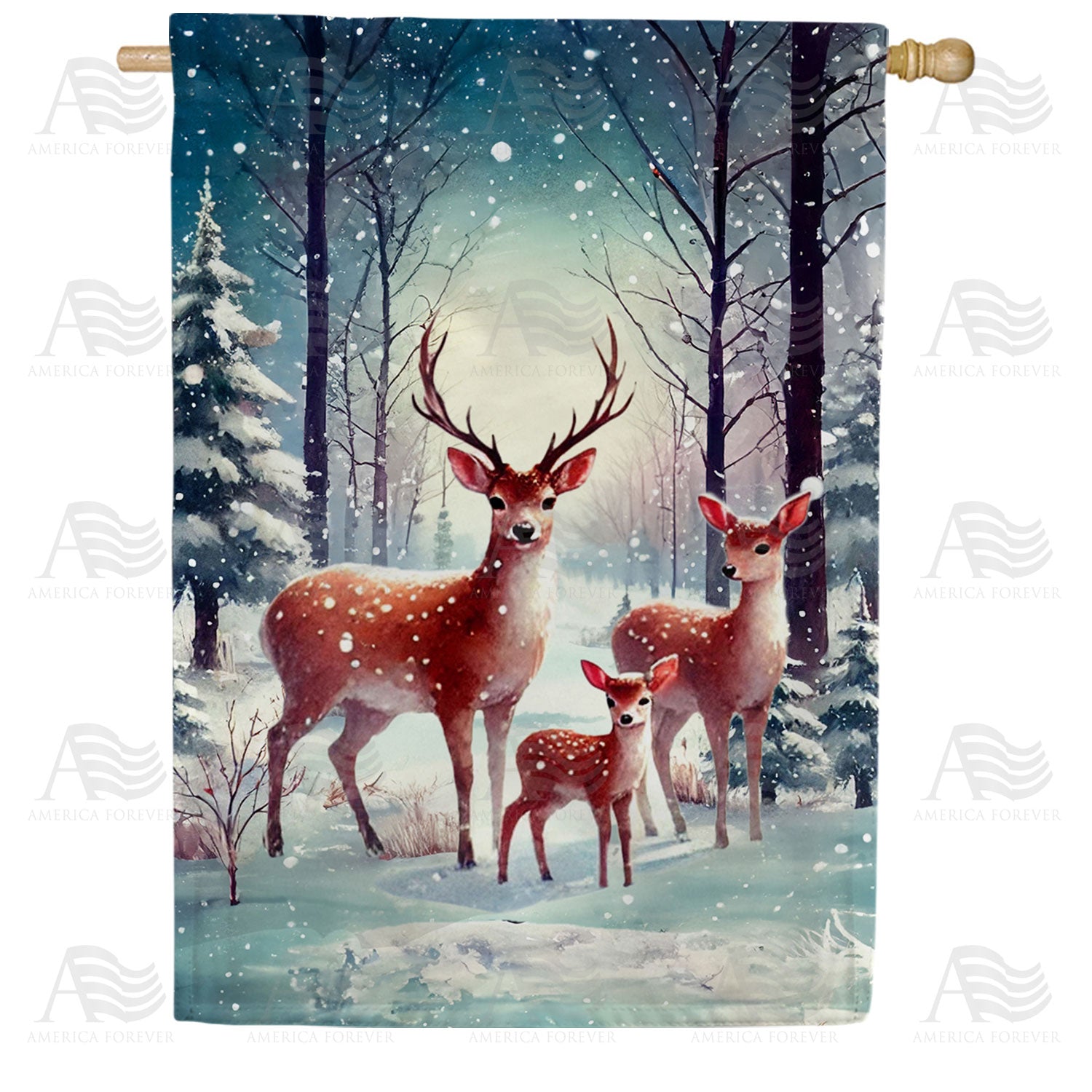 Deer Family Winter Forest Scene Double Sided House Flag