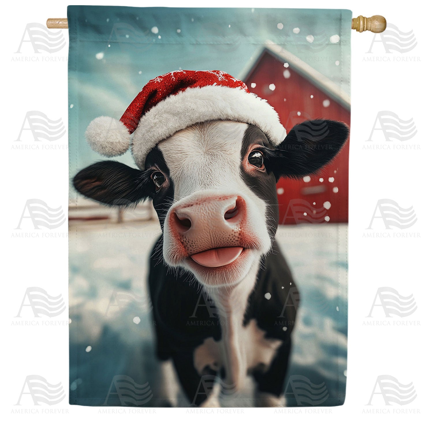 Christmas Cow with Santa Hat Farm Winter Double Sided House Flag