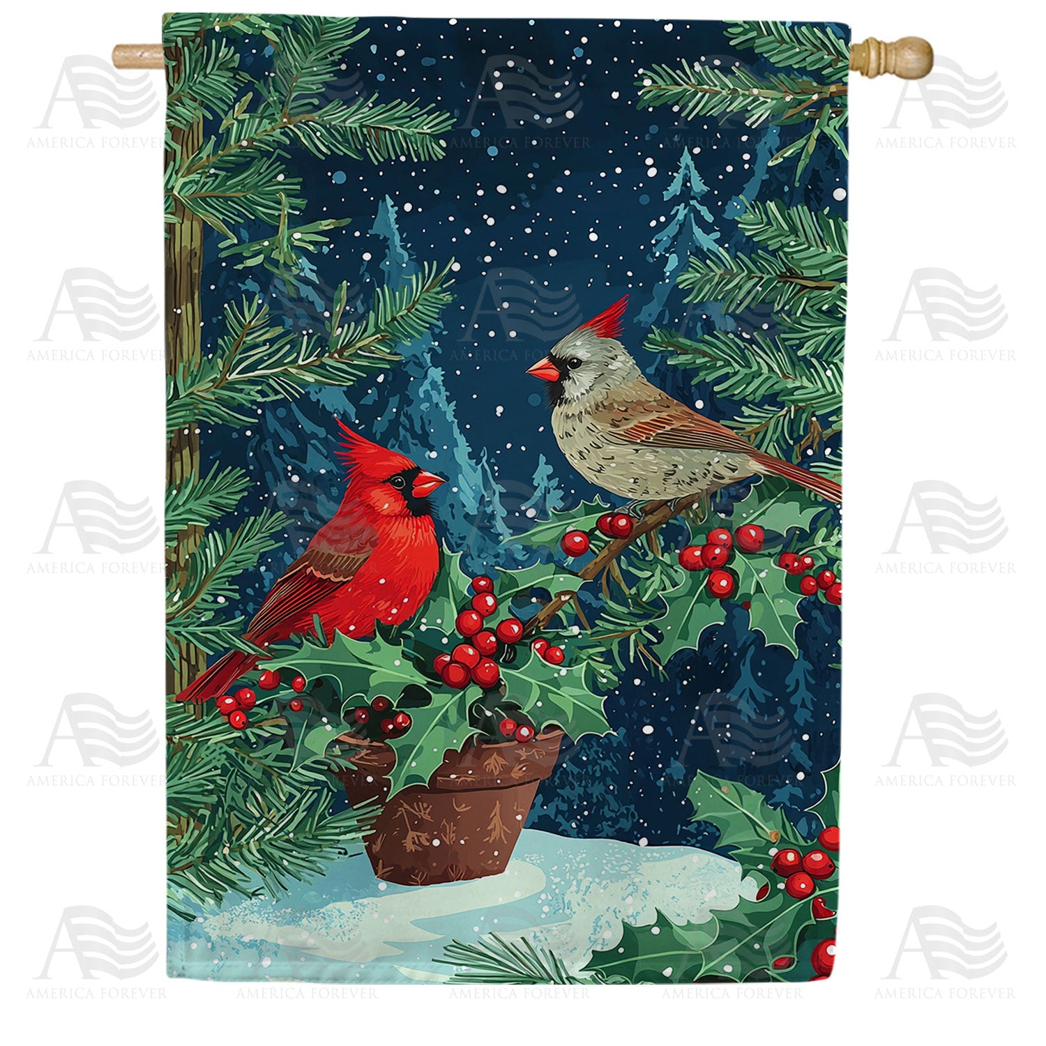 Winter Cardinals Holly Berries Night Scene Double Sided House Flag