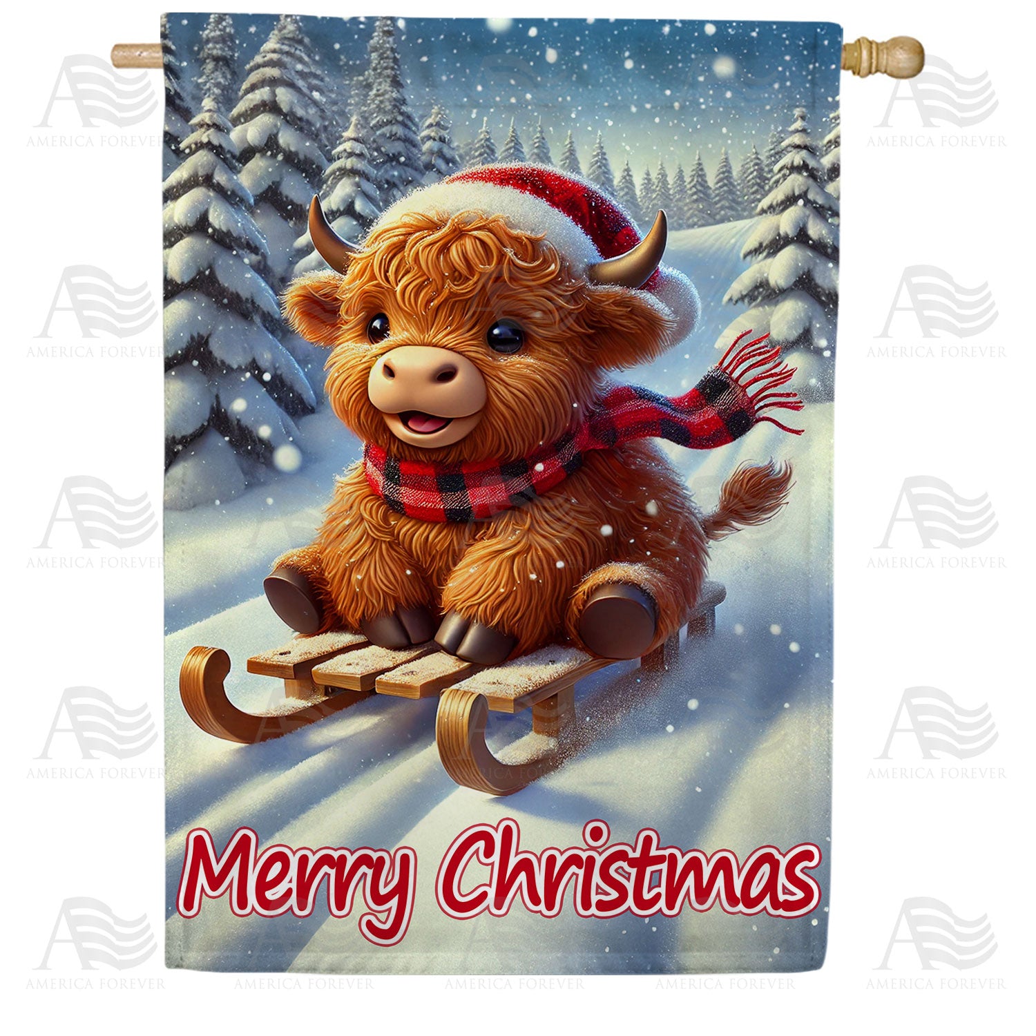 Merry Christmas Highland Cow on Sled Winter Double Sided House Flag