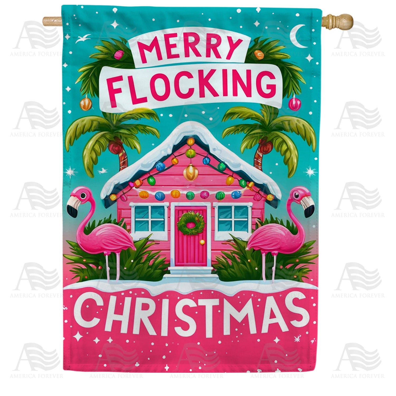 Merry Flocking Christmas Flamingo Beach House Double Sided House Flag