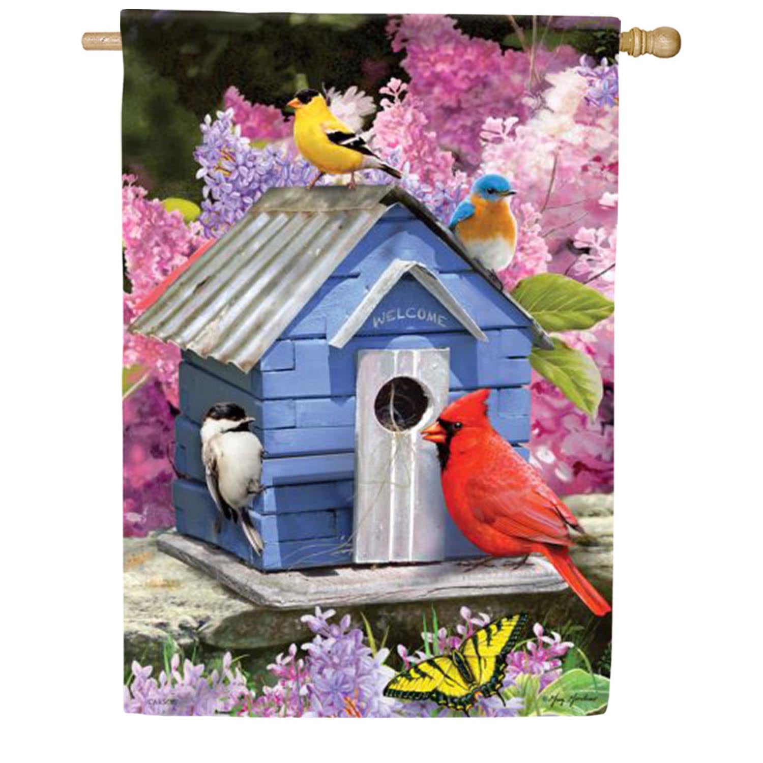 Bright Birdhouse House Flag