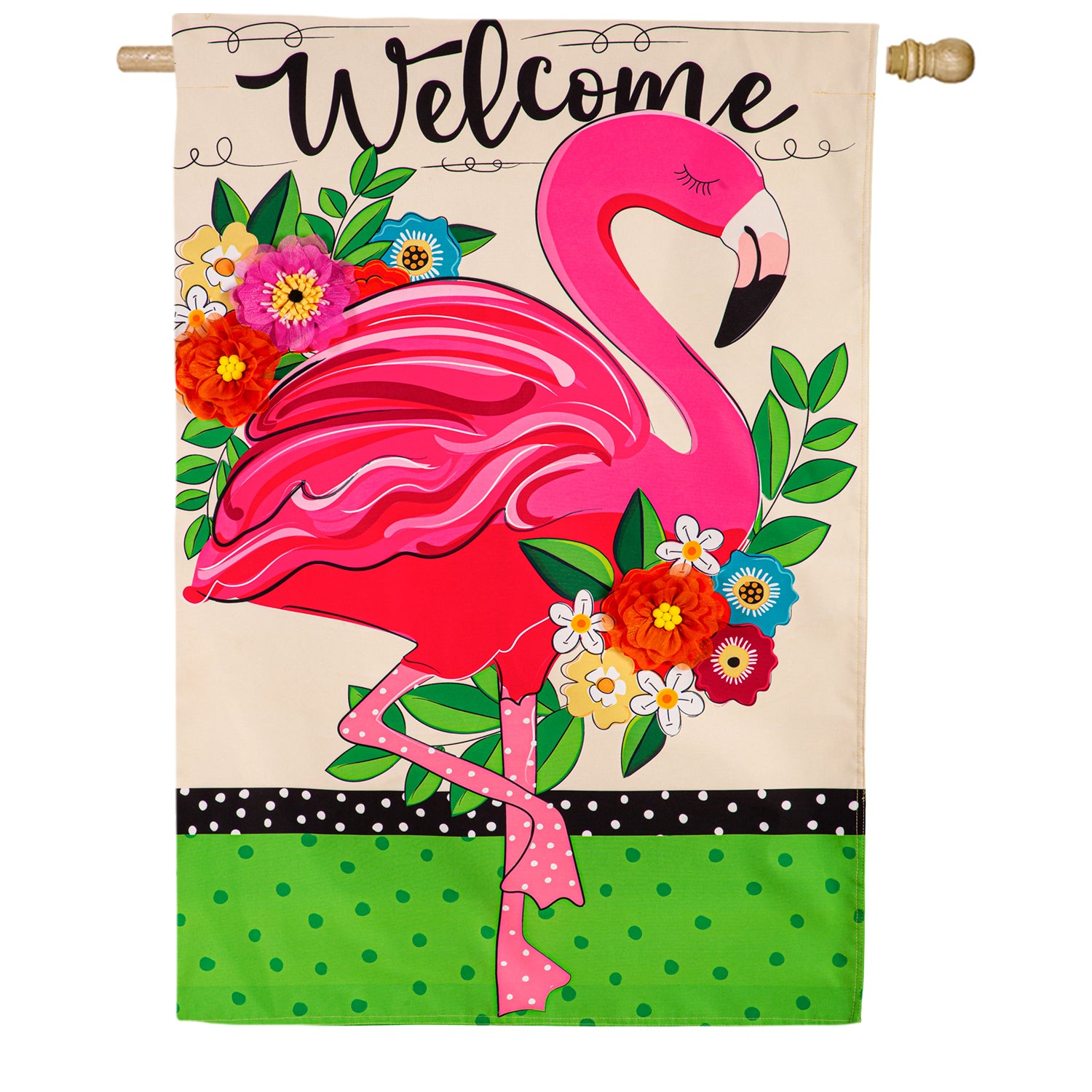 Floral Flamingo Welcome House Flag