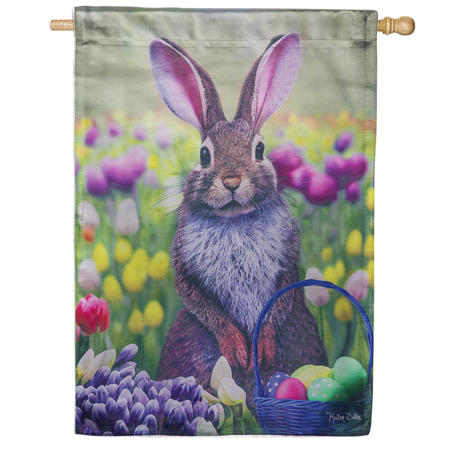 Bunny in Tulip Field Lustre House Flag