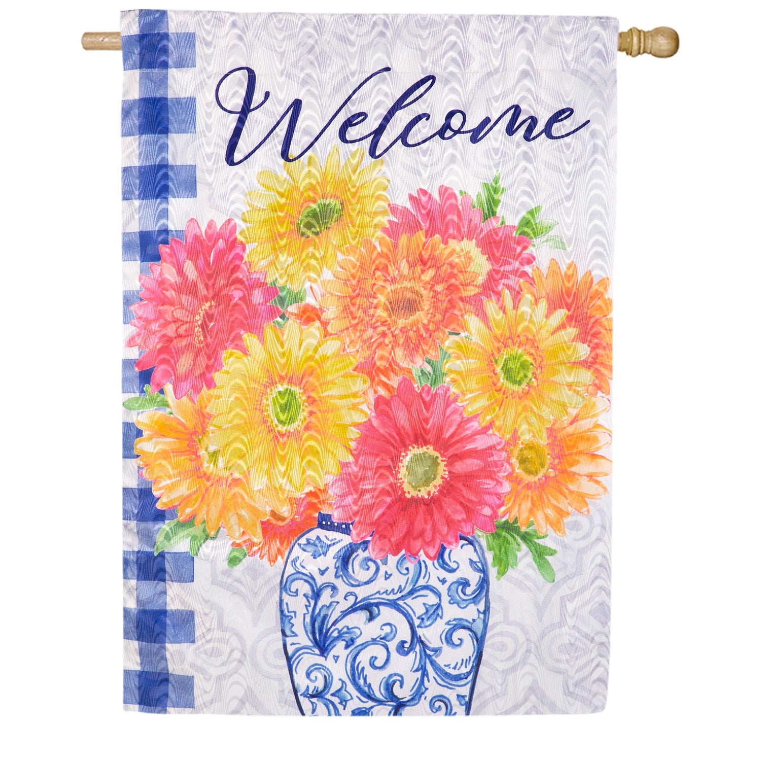 Welcome Gerberas in Vase Moire House Flag