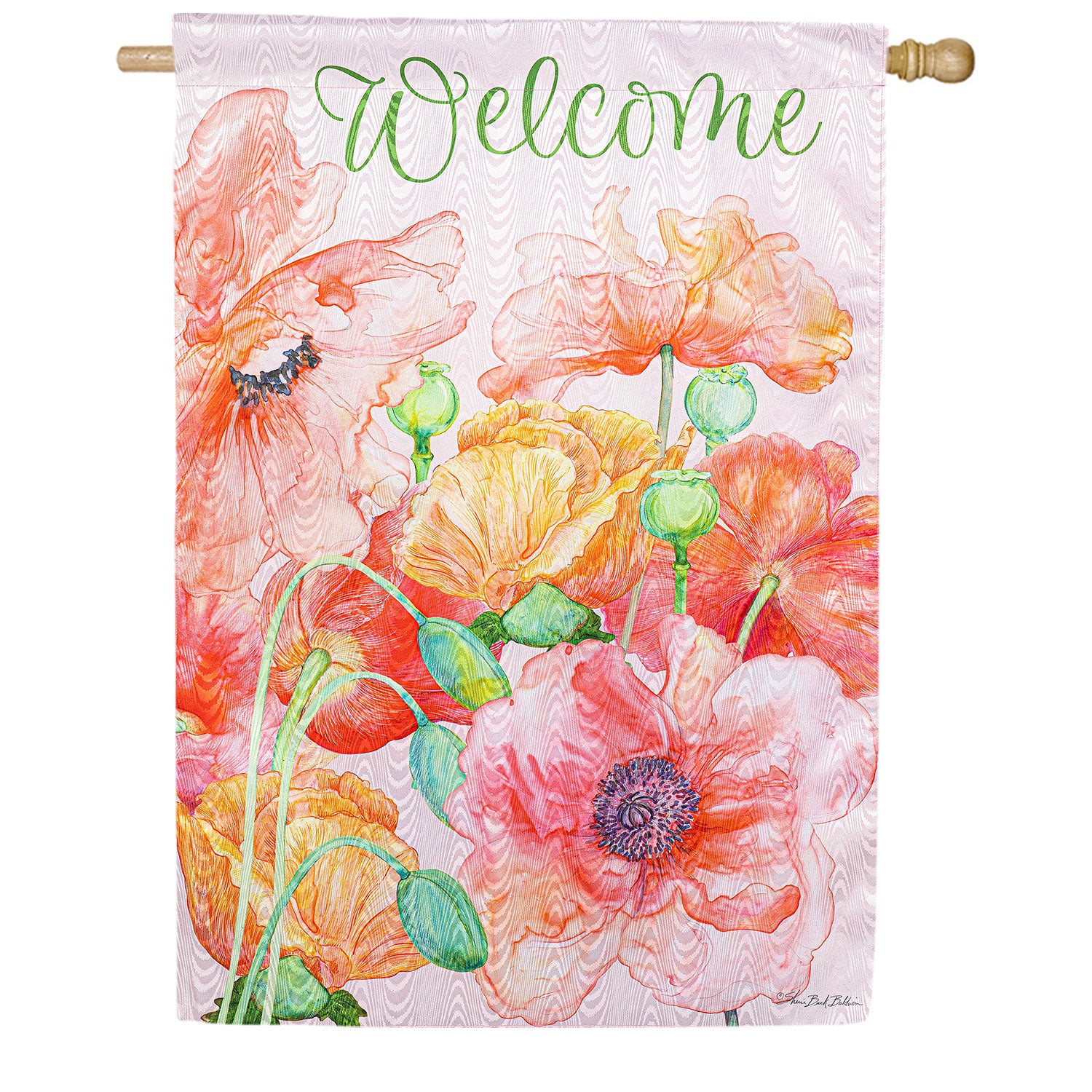 Moire Welcome Poppies Double Sided House Flag