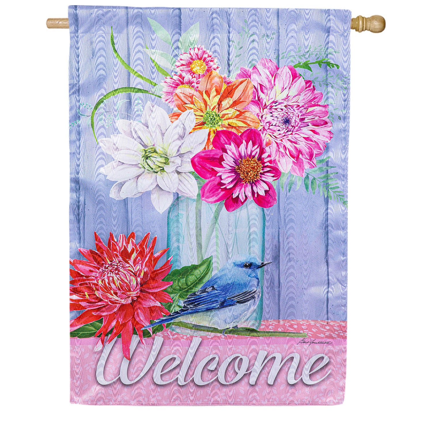 Moire Welcome Dahlias and Bluebird Double Sided House Flag