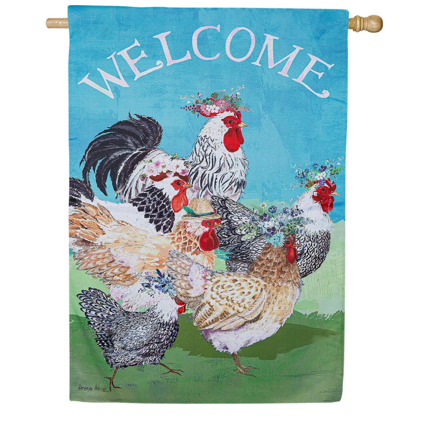 Floral Chickens Double Sided Suede House Flag 28x40