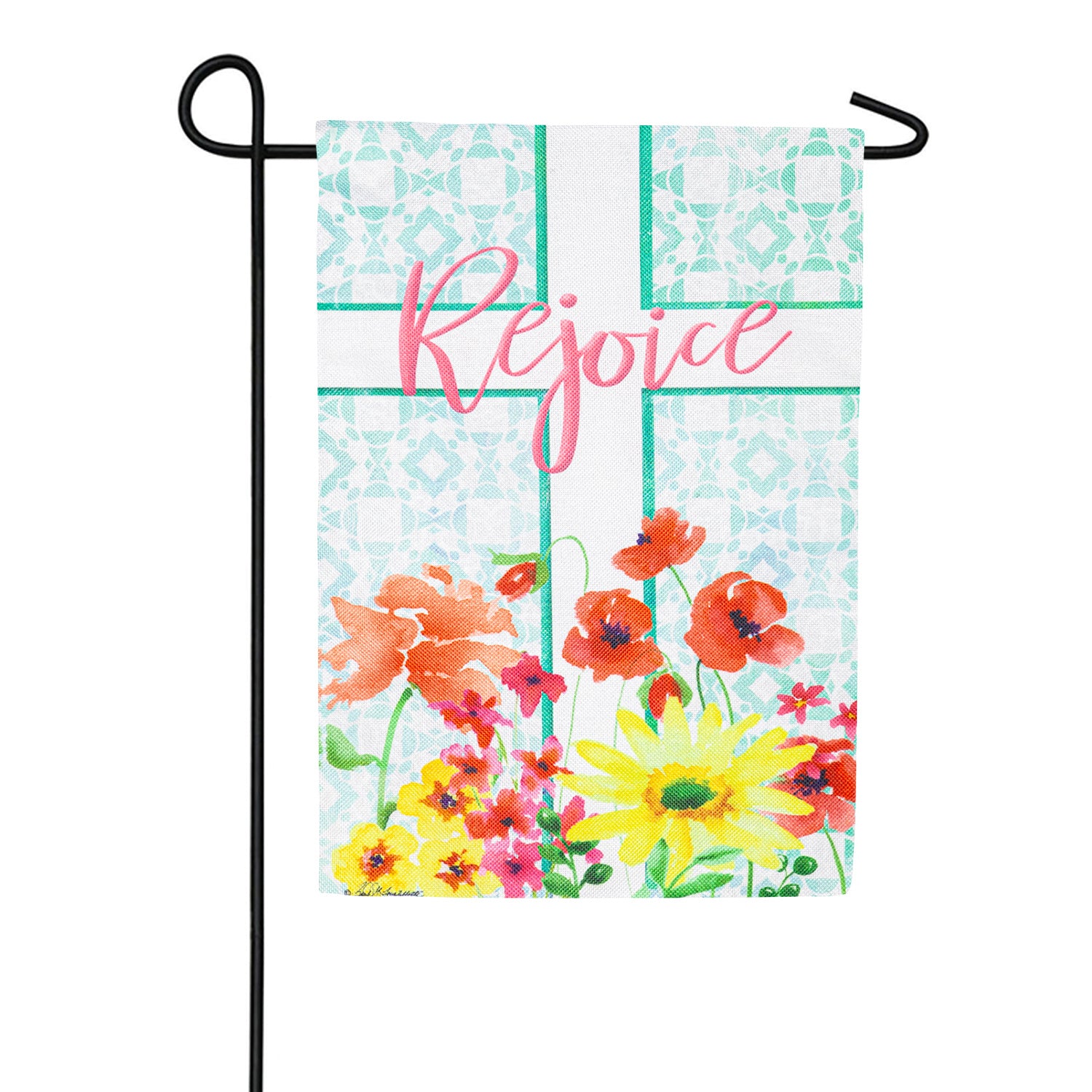 Rejoice Cross Burlap Garden Flag