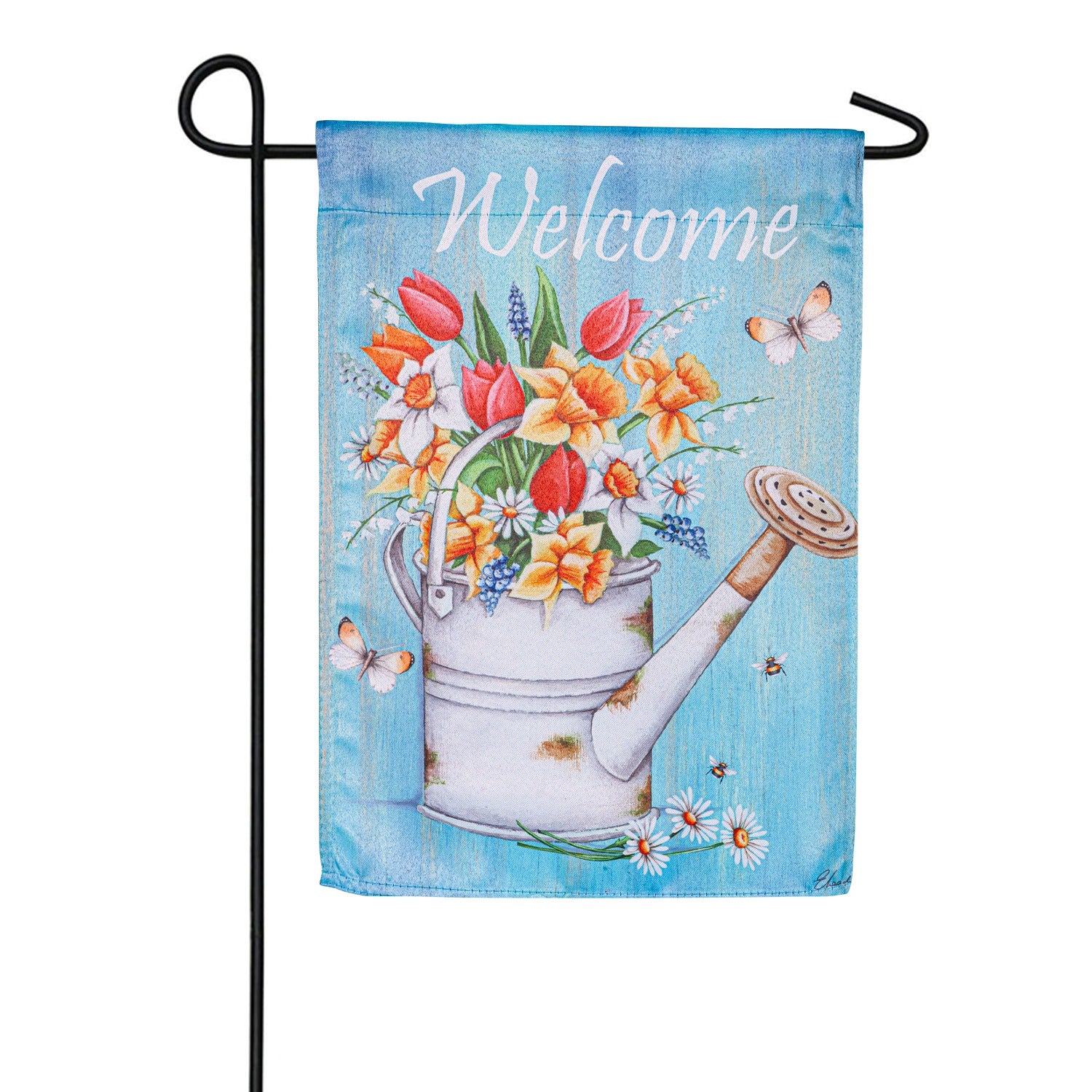 Welcome Flowers Suede Double Sided Garden Flag