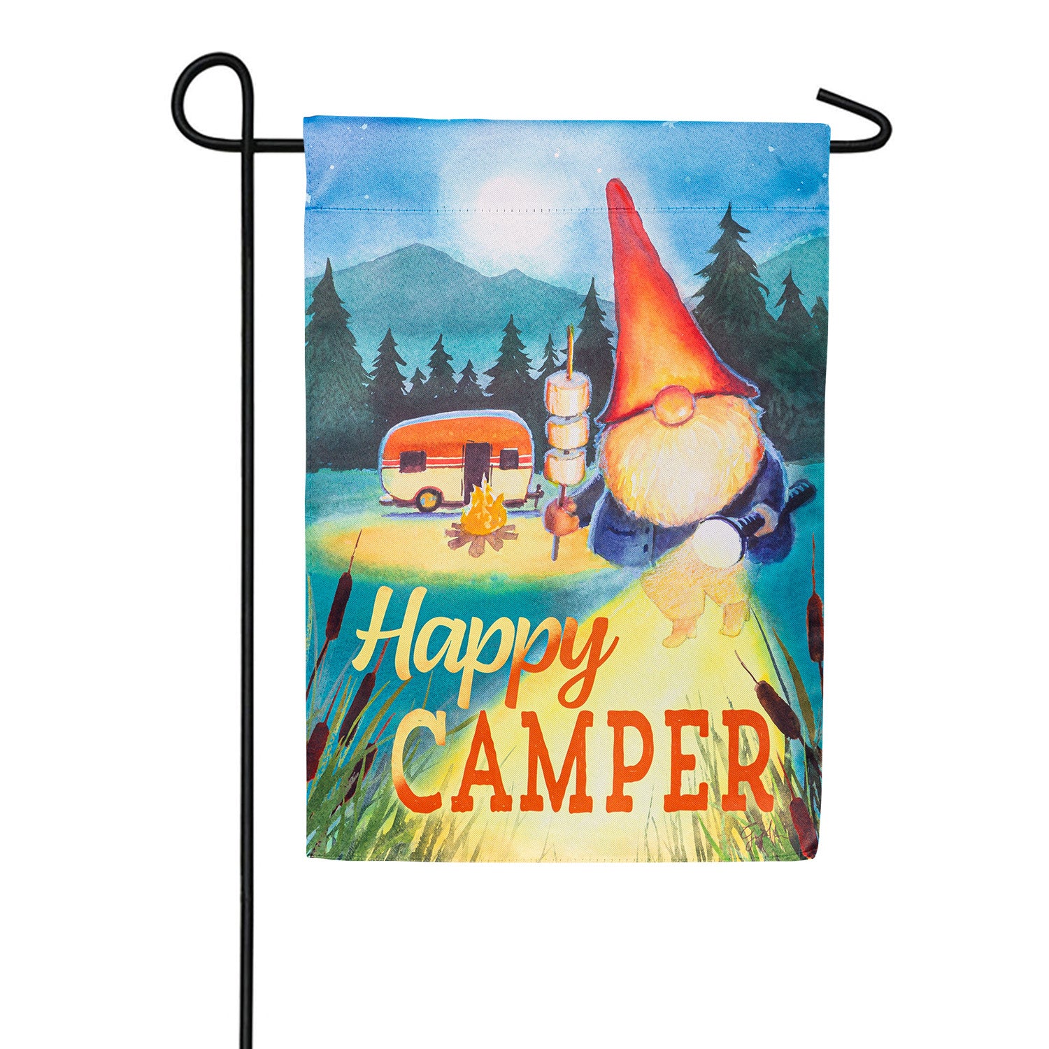 Gnome Happy Camper Burlap Garden Flag