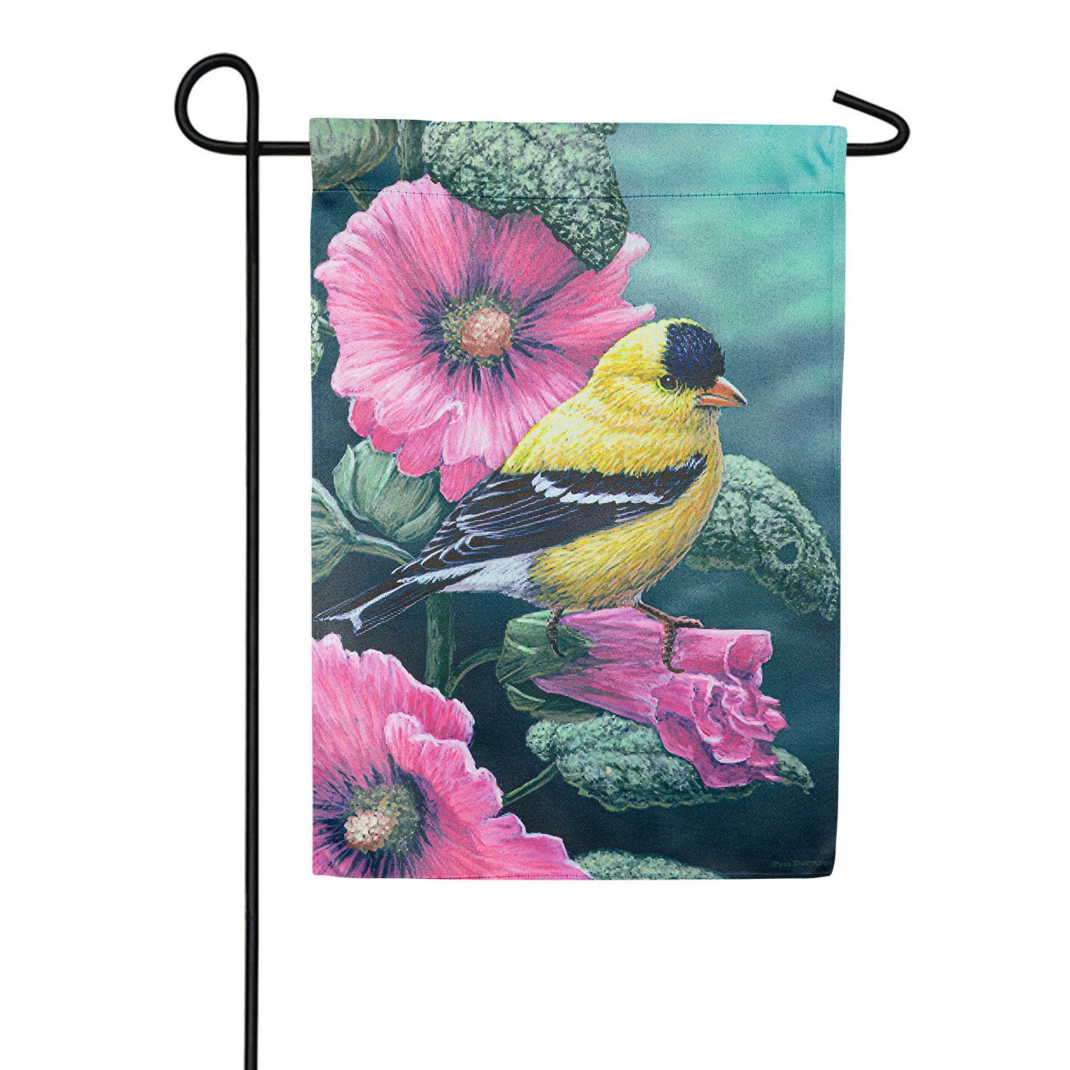 Goldfinch on Hollyhocks Double Sided Garden Flag