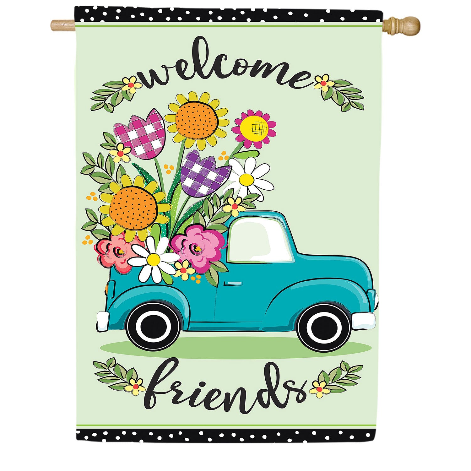 Flower Truck Welcome Friends Double Sided Applique House Flag