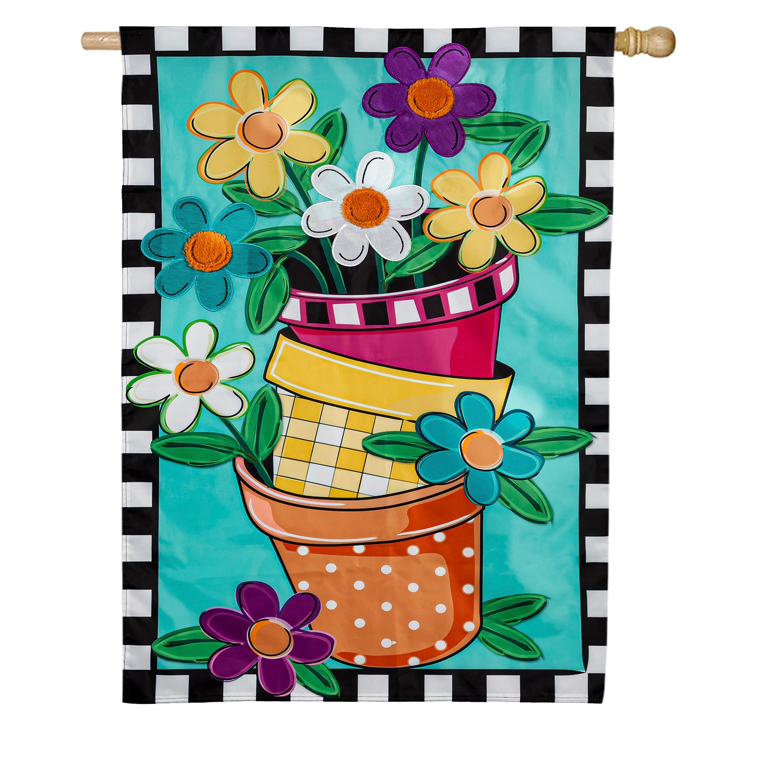 Stacked Spring Flower Pots Double Sided Applique House Flag