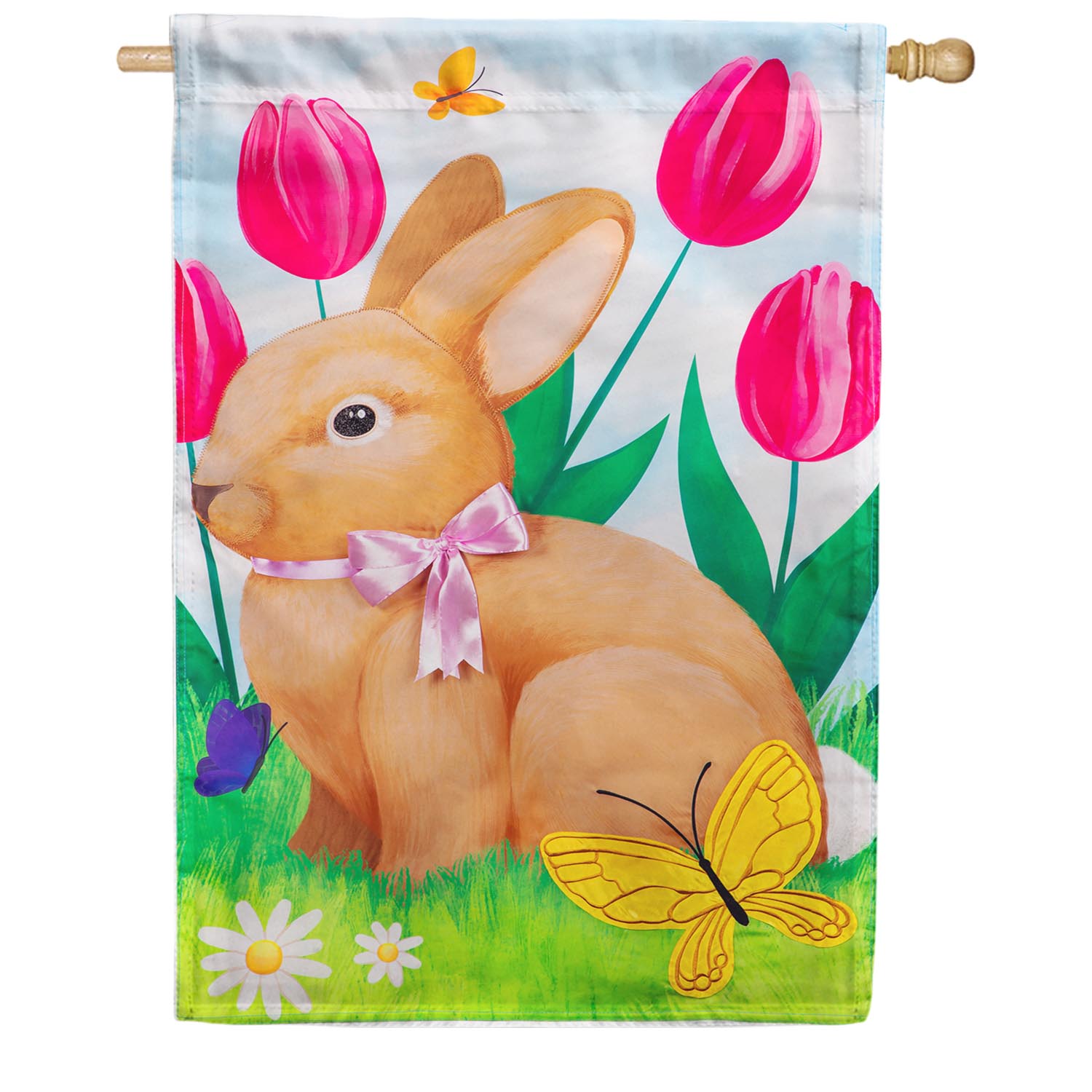 Tulips and Bunny Friend Appliqued House Flag