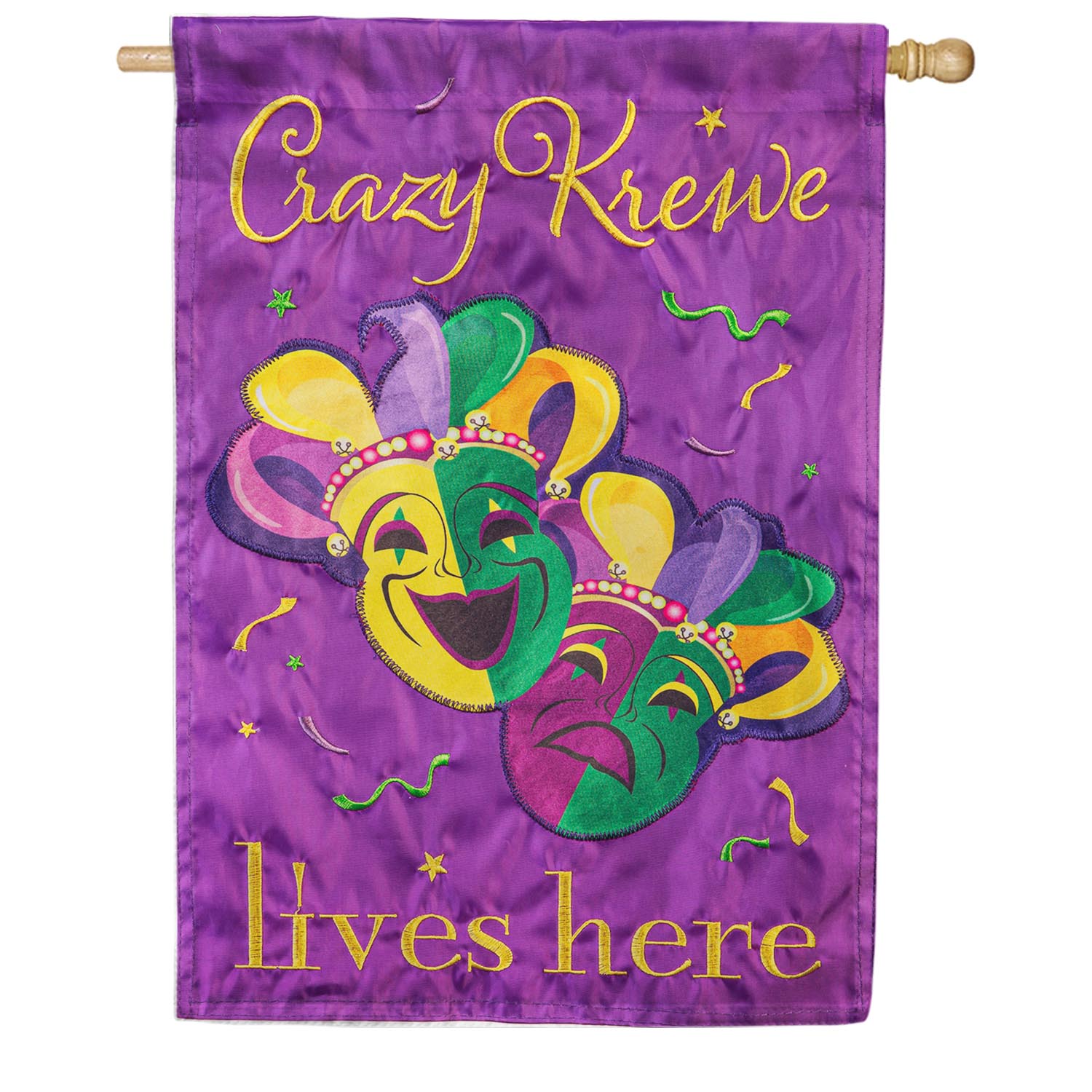 Mardi Gras Crazy Krewe Lives Here Appliqued House Flag