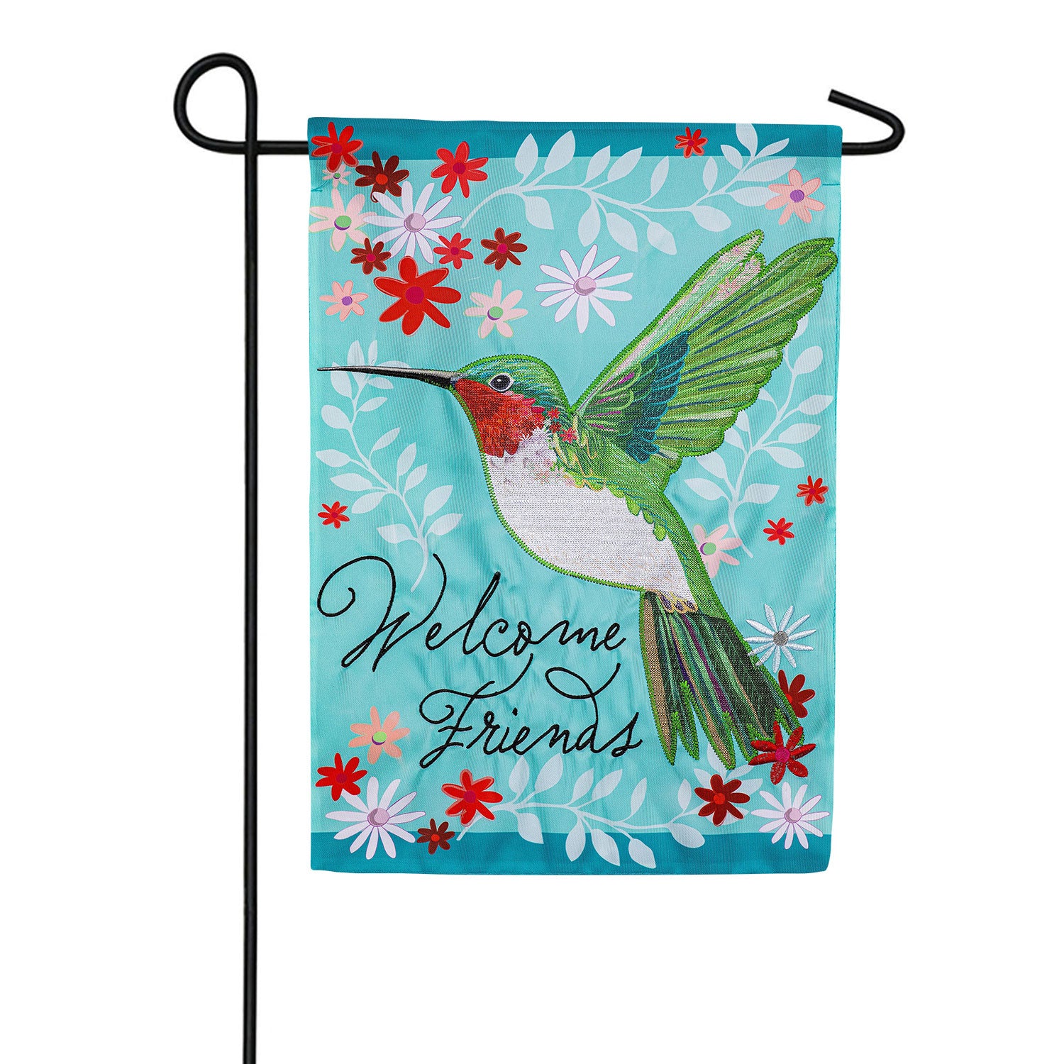 Hummingbird Welcome Friends Double Sided Applique Garden Flag