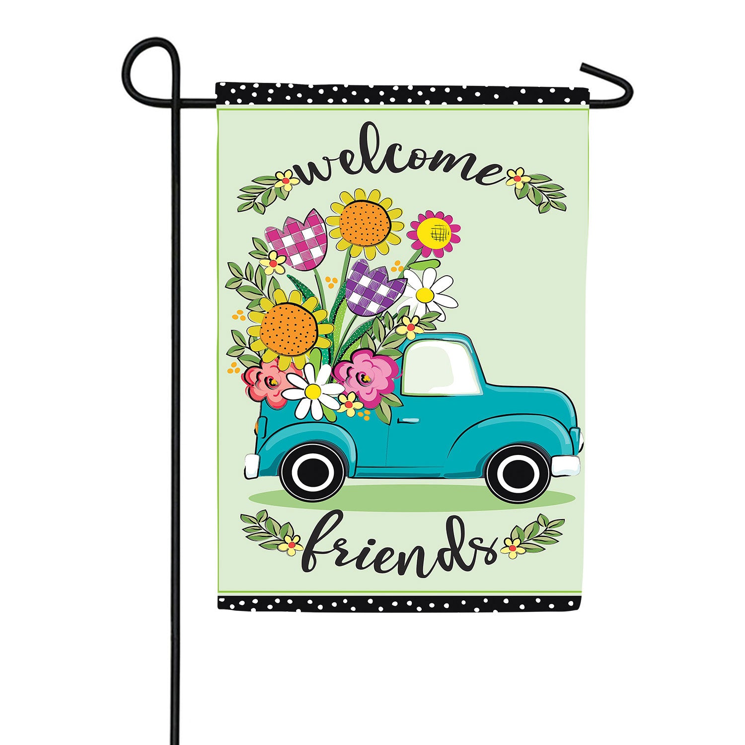 Flower Truck Welcome Friends Double Sided Applique Garden Flag