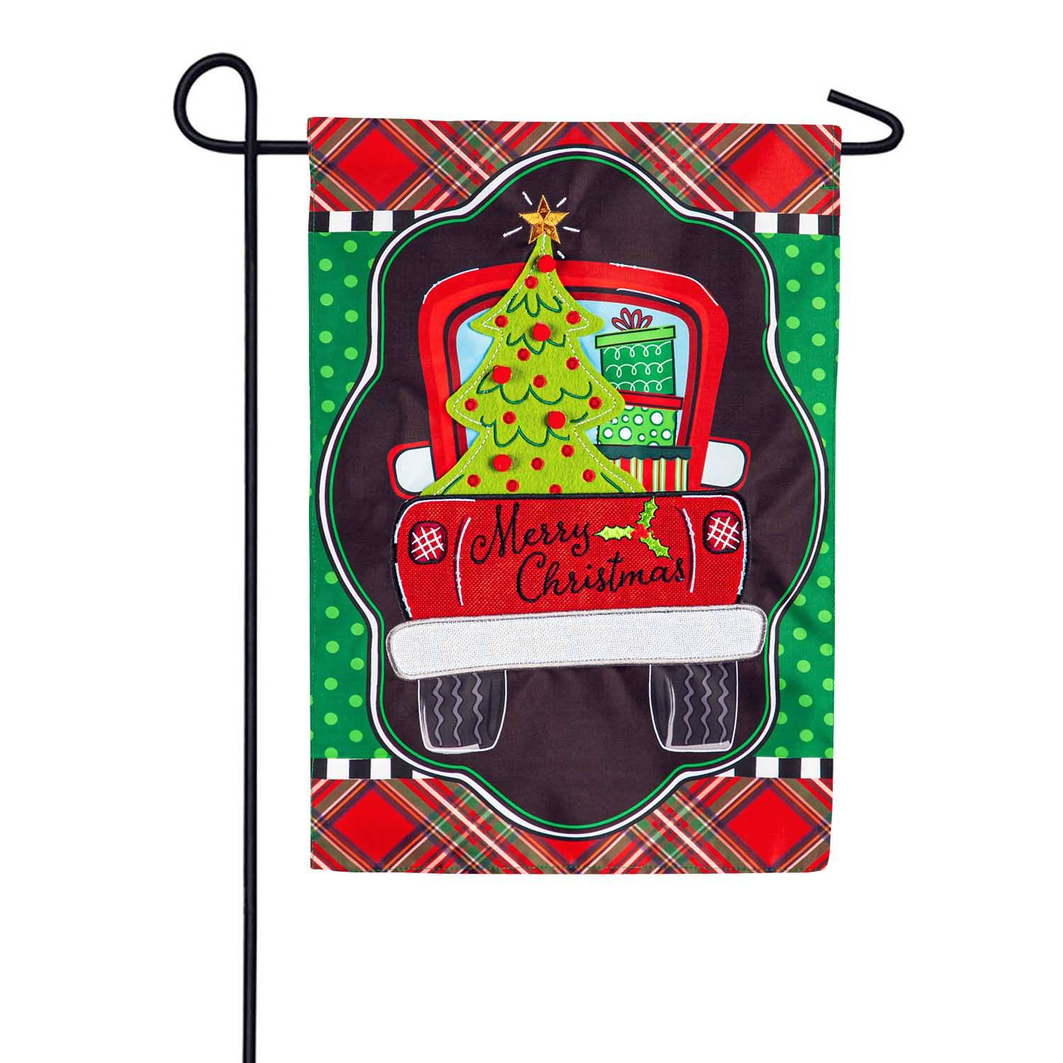 Patterned Christmas Truck Applique Garden Flag