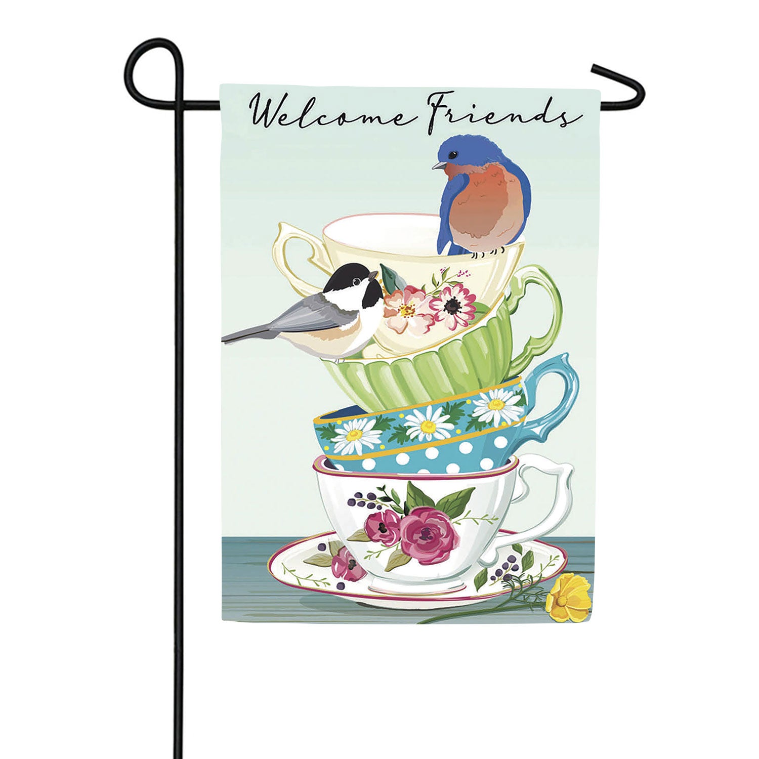 Songbirds and Teacups Double Sided Applique Garden Flag