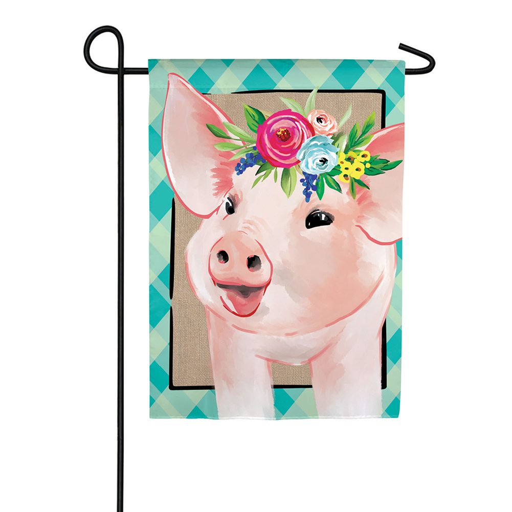 Evergreen Floral Crowned Pig Linen Garden Flag: Flagsrus.org